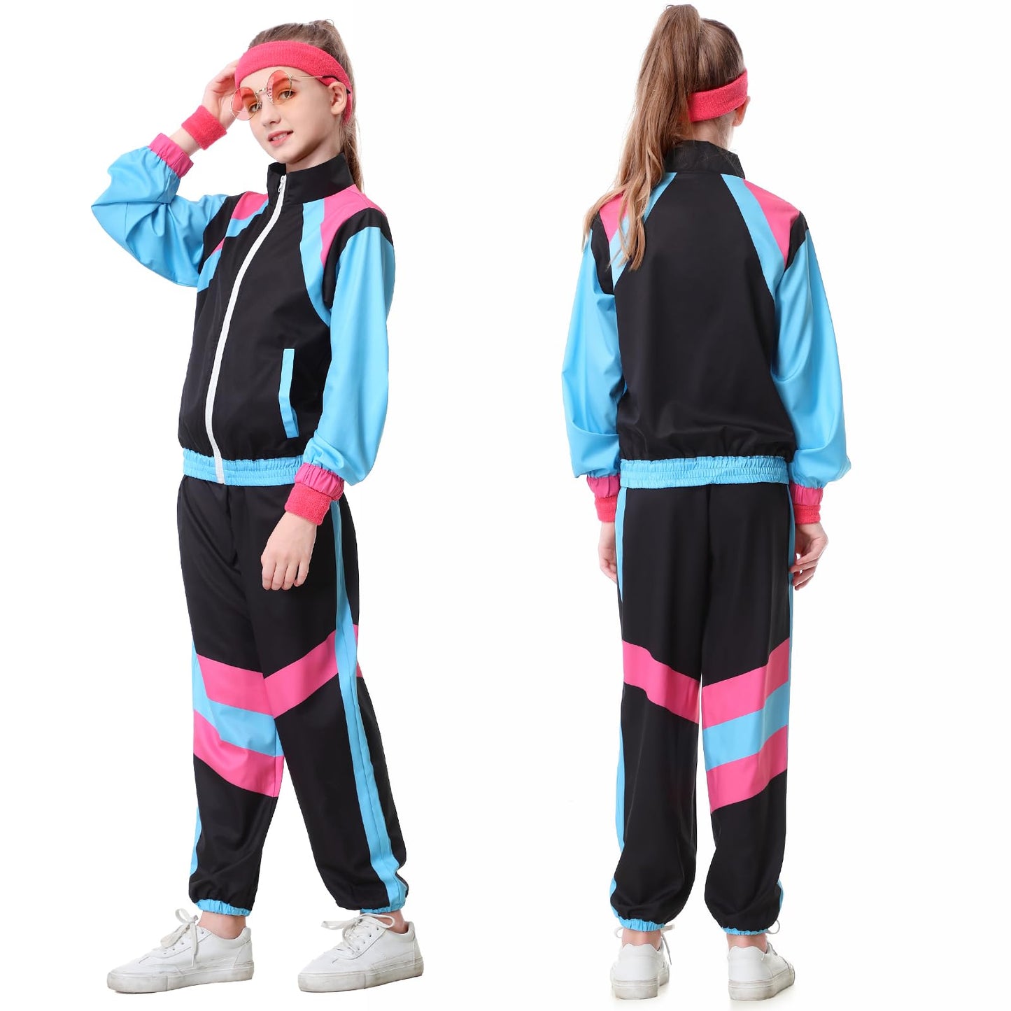 TIMSOPHIA 80s Tracksuit for Kids - 6-Piece 90s Hip Hop Costume, Black, 9-10 Years
