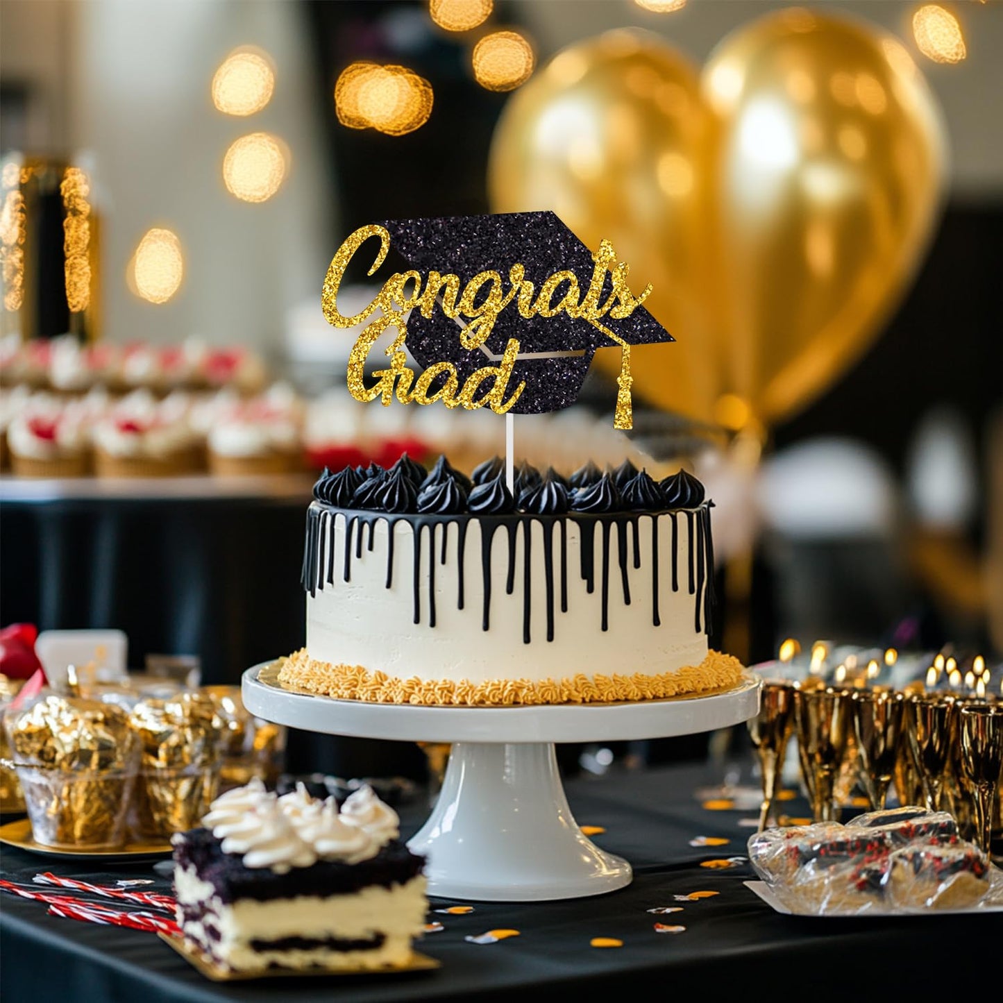 Tinbax Graduation Congrats Cake Topper – Glitter Cardstock Decoration