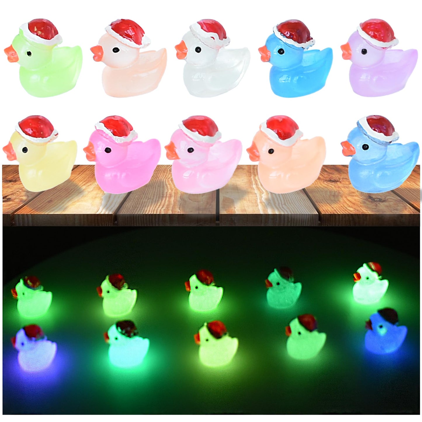 Tindobewan 50 Pcs Tiny Glow-in-the-Dark Christmas Hat Ducks – Mini Resin Figures for DIY, Dollhouse, Slime