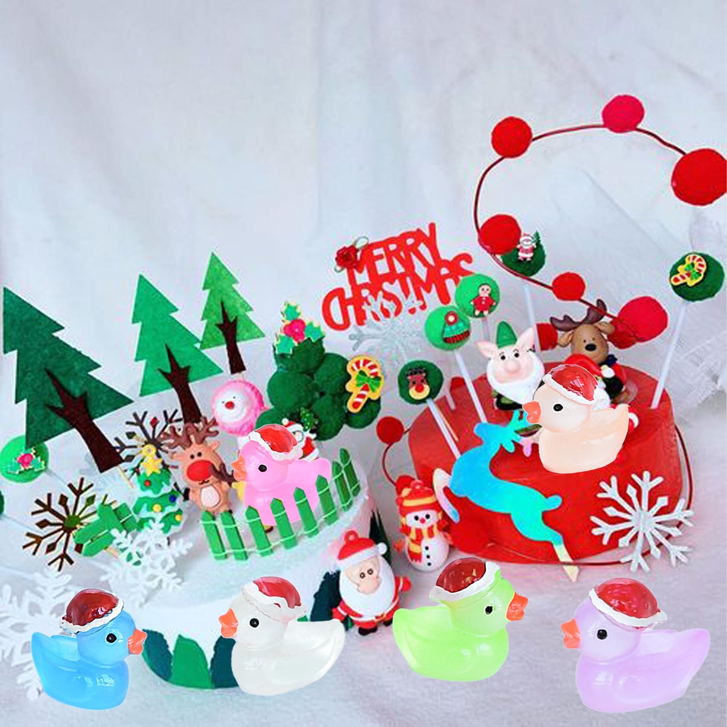 Tindobewan 50 Pcs Tiny Glow-in-the-Dark Christmas Hat Ducks – Mini Resin Figures for DIY, Dollhouse, Slime