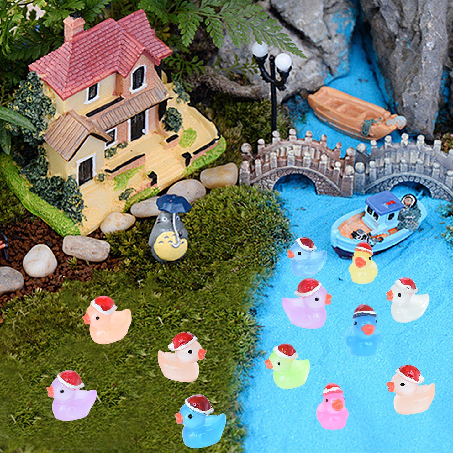 Tindobewan 50 Pcs Tiny Glow-in-the-Dark Christmas Hat Ducks – Mini Resin Figures for DIY, Dollhouse, Slime