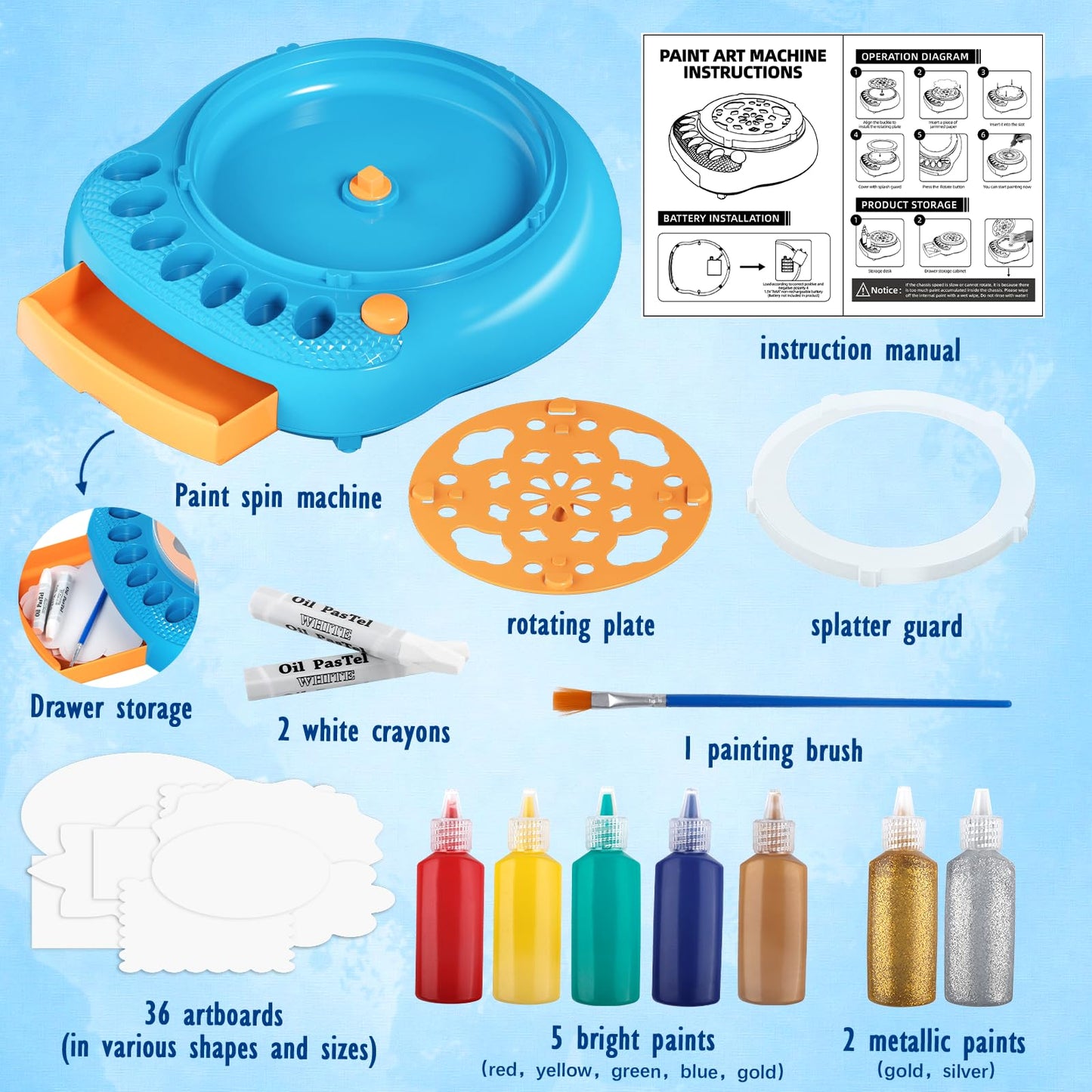TINGINGYULI Spin Art Kit for Kids – Blue Spin Art Machine with 36 Artboards, 5 Bright + 2 Metallic Paints
