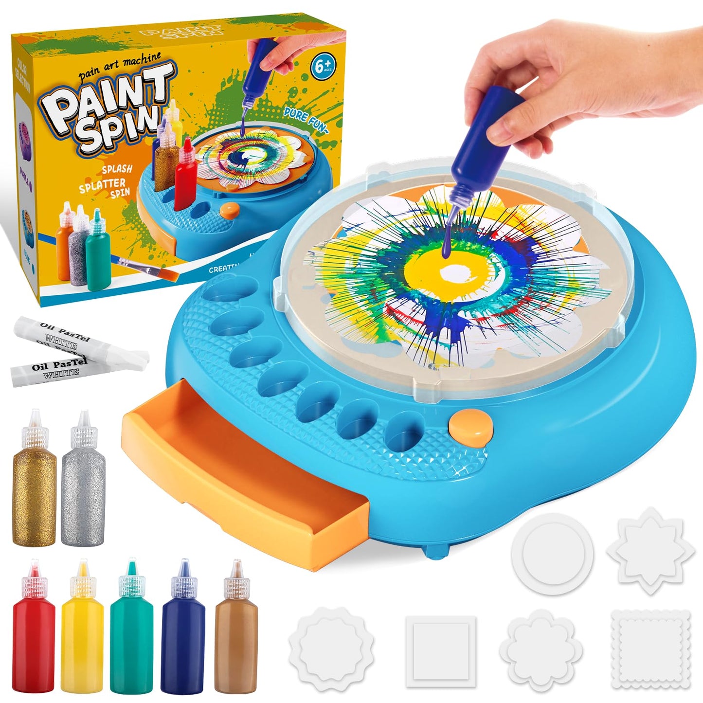 TINGINGYULI Spin Art Kit for Kids – Blue Spin Art Machine with 36 Artboards, 5 Bright + 2 Metallic Paints
