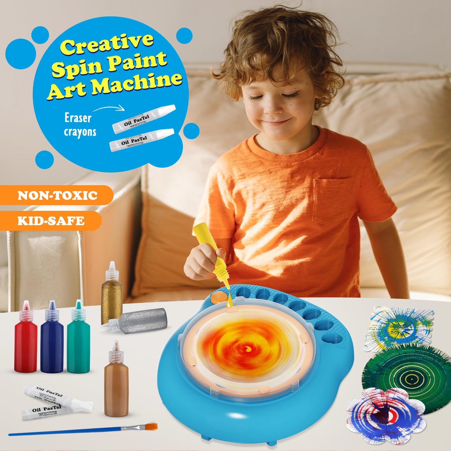 TINGINGYULI Spin Art Kit for Kids – Blue Spin Art Machine with 36 Artboards, 5 Bright + 2 Metallic Paints