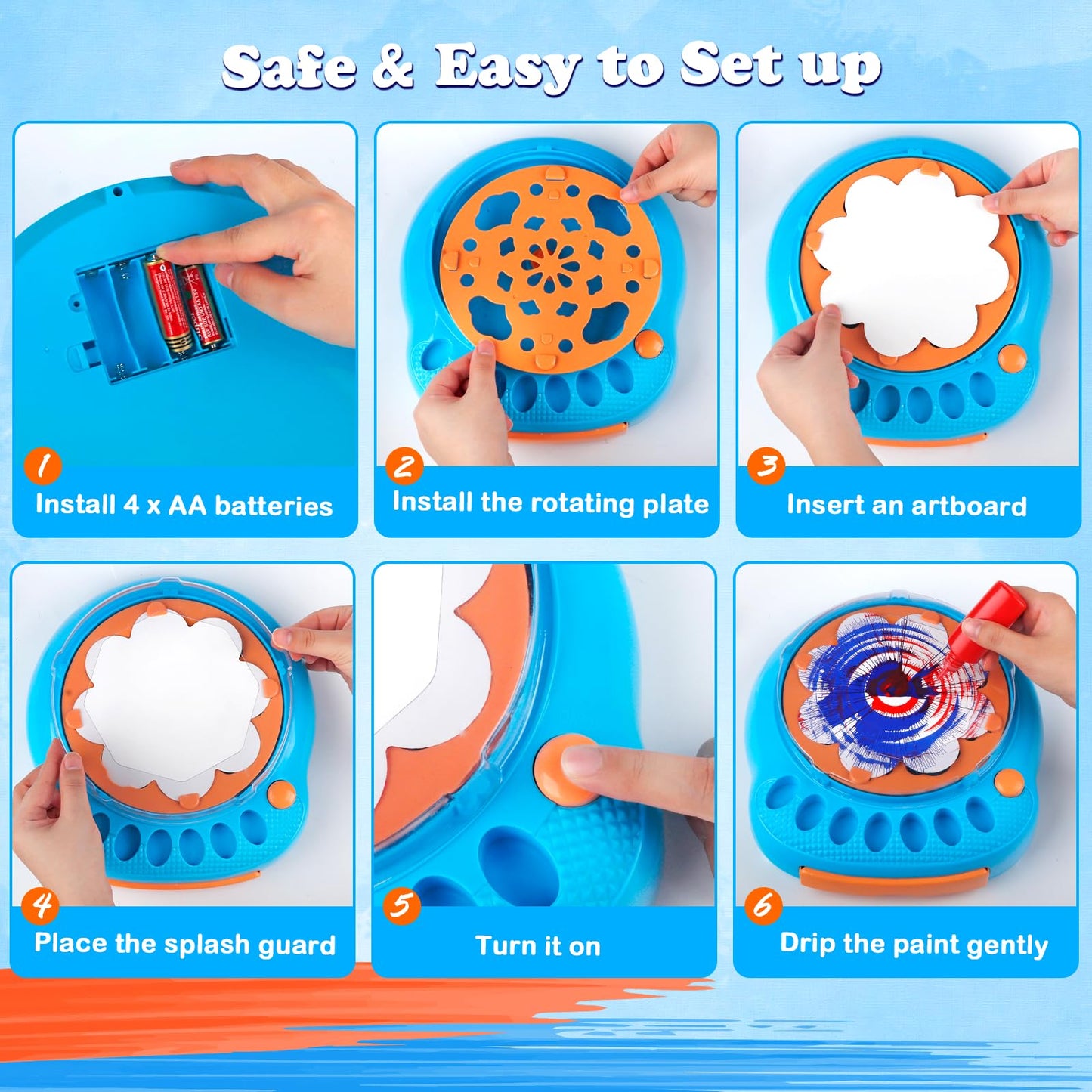 TINGINGYULI Spin Art Kit for Kids – Blue Spin Art Machine with 36 Artboards, 5 Bright + 2 Metallic Paints