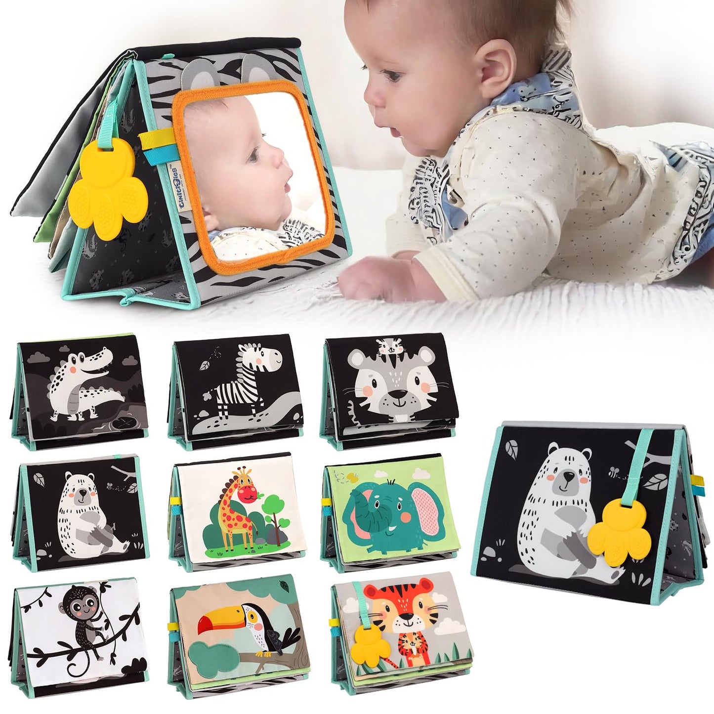 TINITIGIES Tummy Time Mirror for Babies — High Contrast Book & Teether