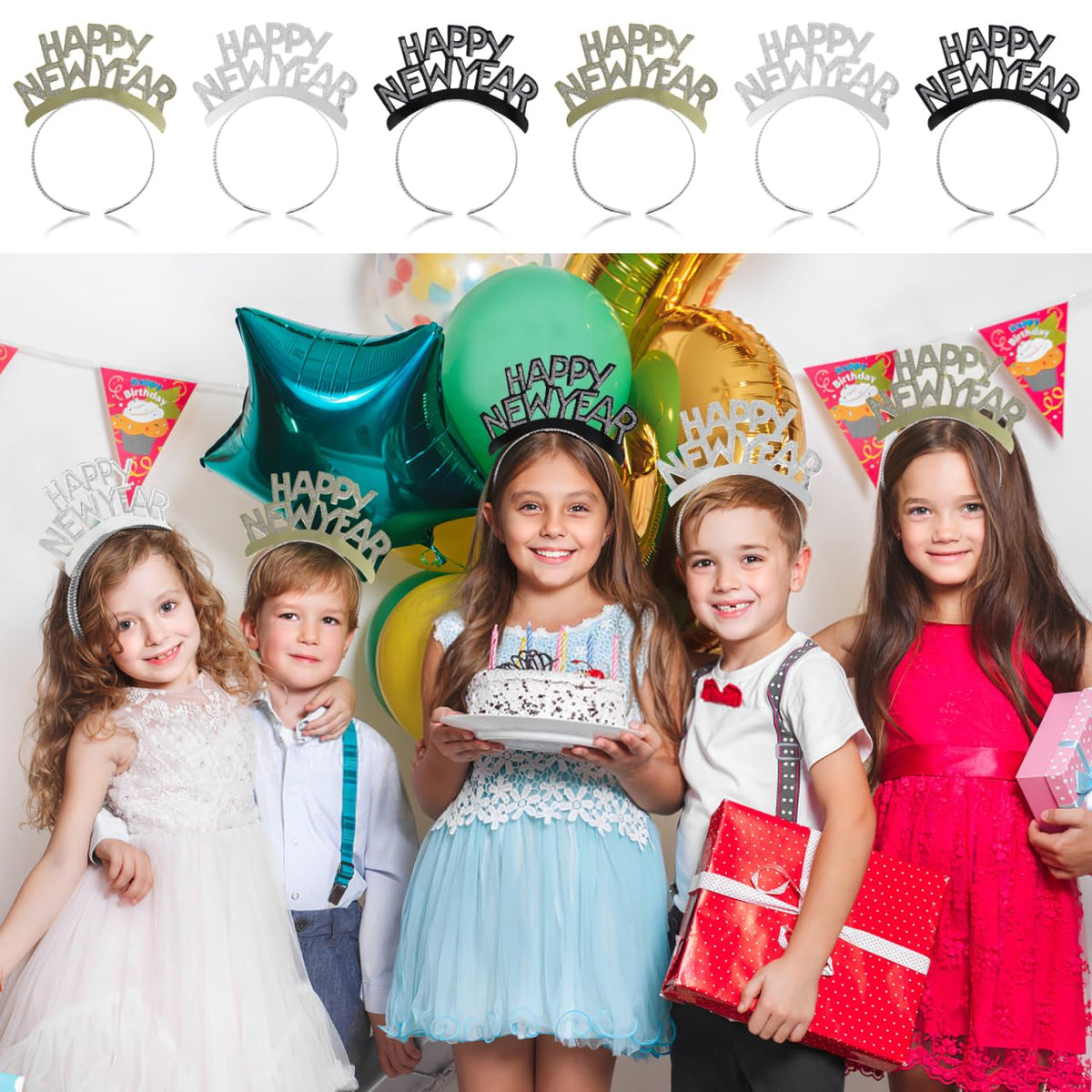 TINKSKY Amosfun HAPPY NEW YEAR Headband Tiara – Gold, Silver & Black (12 Pack)