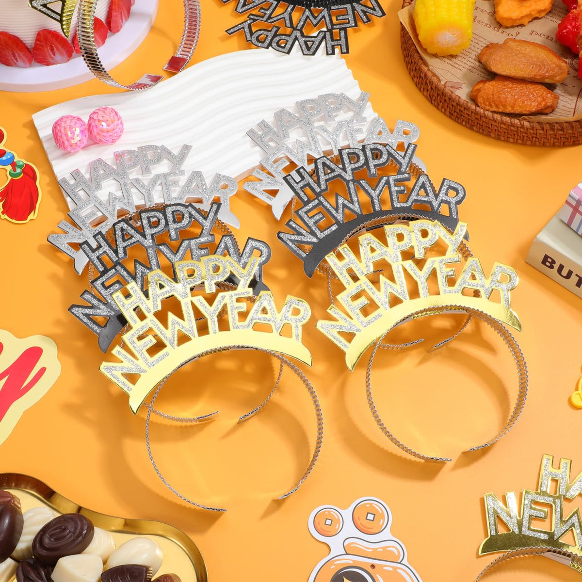 TINKSKY Amosfun HAPPY NEW YEAR Headband Tiara – Gold, Silver & Black (12 Pack)