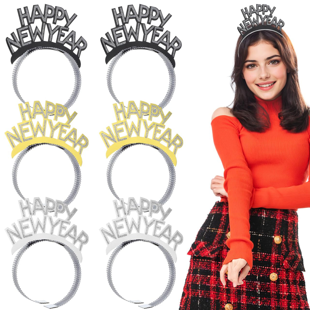 TINKSKY Amosfun HAPPY NEW YEAR Headband Tiara – Gold, Silver & Black (12 Pack)