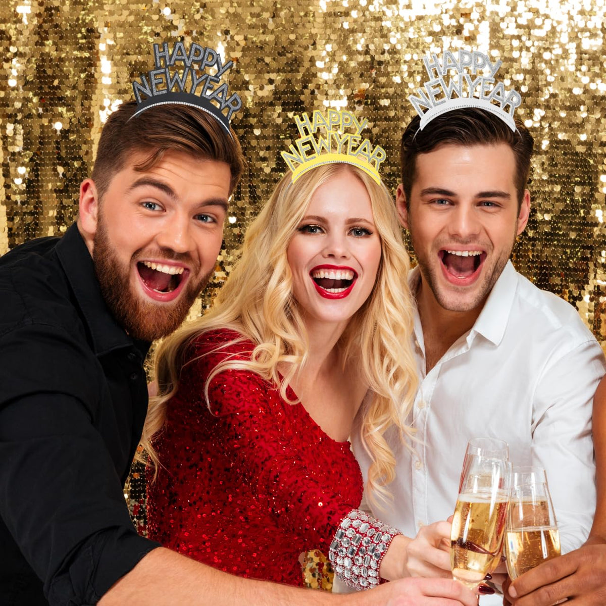 TINKSKY Amosfun HAPPY NEW YEAR Headband Tiara – Gold, Silver & Black (12 Pack)