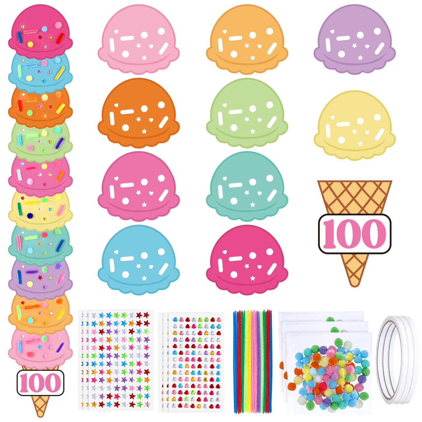 Tinlade 100th Day Ice Cream Craft Kit – 8 Sets with 80 Scoops, 80 Cones, 800 Sprinkles