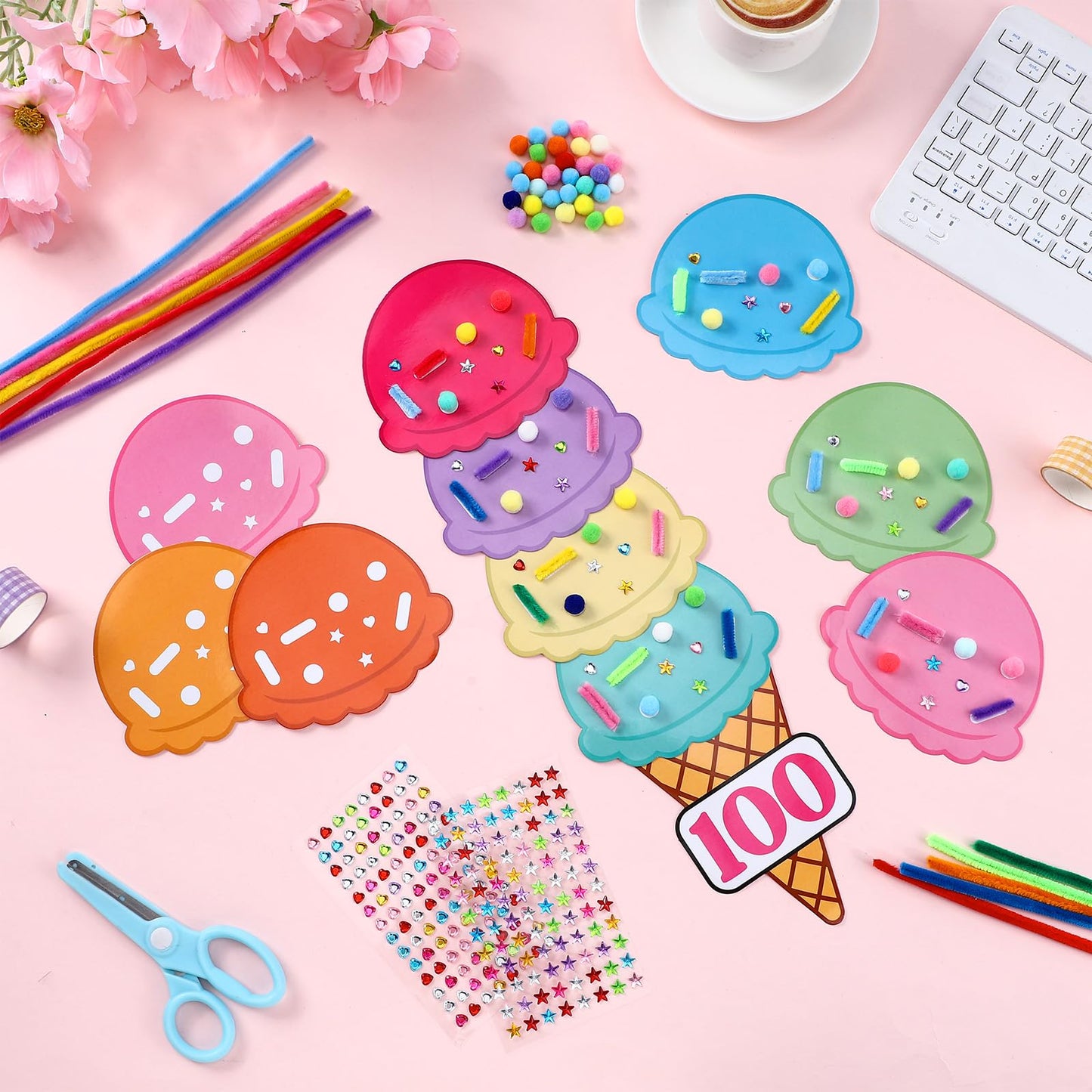 Tinlade 100th Day Ice Cream Craft Kit – 8 Sets with 80 Scoops, 80 Cones, 800 Sprinkles