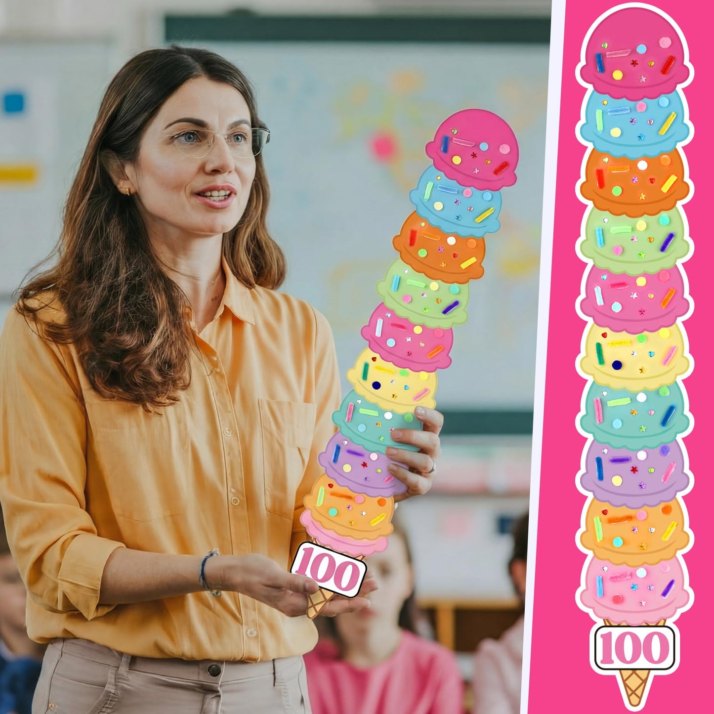 Tinlade 100th Day Ice Cream Craft Kit – 8 Sets with 80 Scoops, 80 Cones, 800 Sprinkles