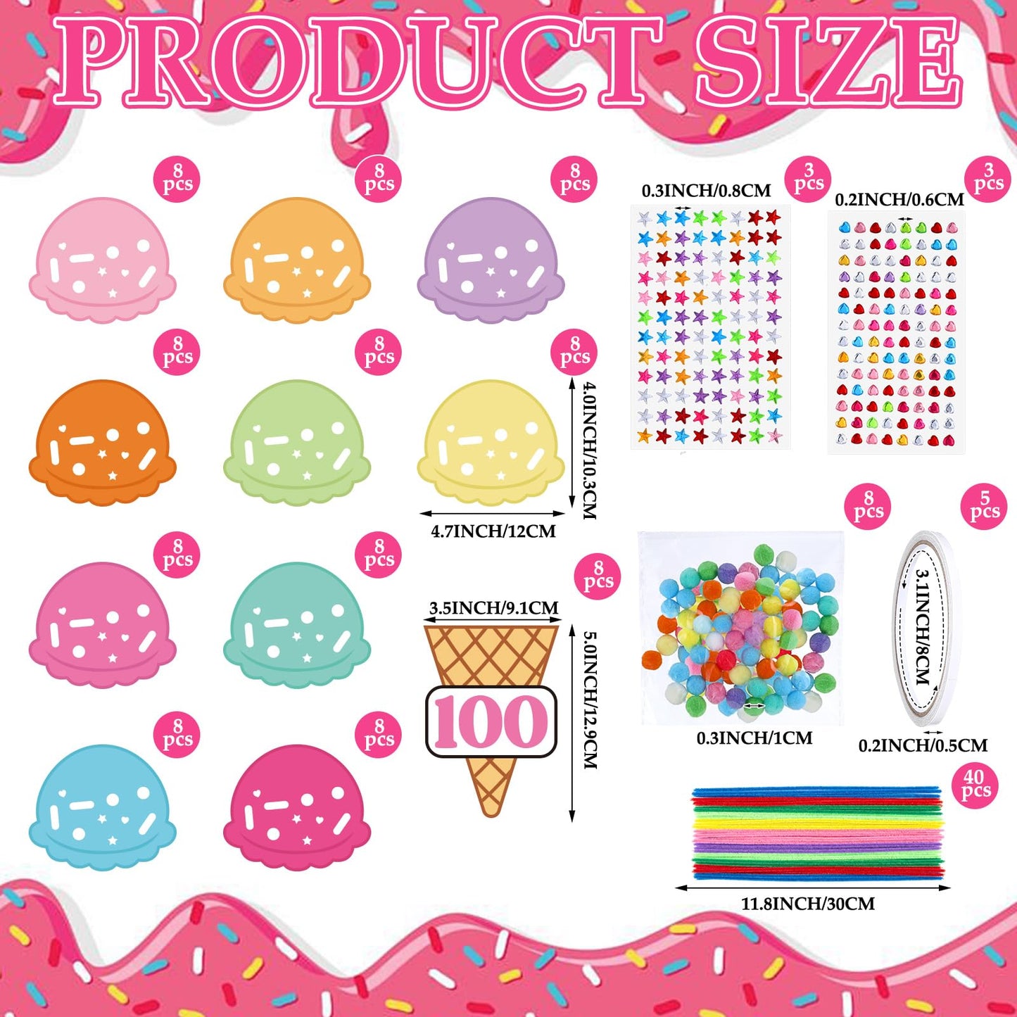 Tinlade 100th Day Ice Cream Craft Kit – 8 Sets with 80 Scoops, 80 Cones, 800 Sprinkles