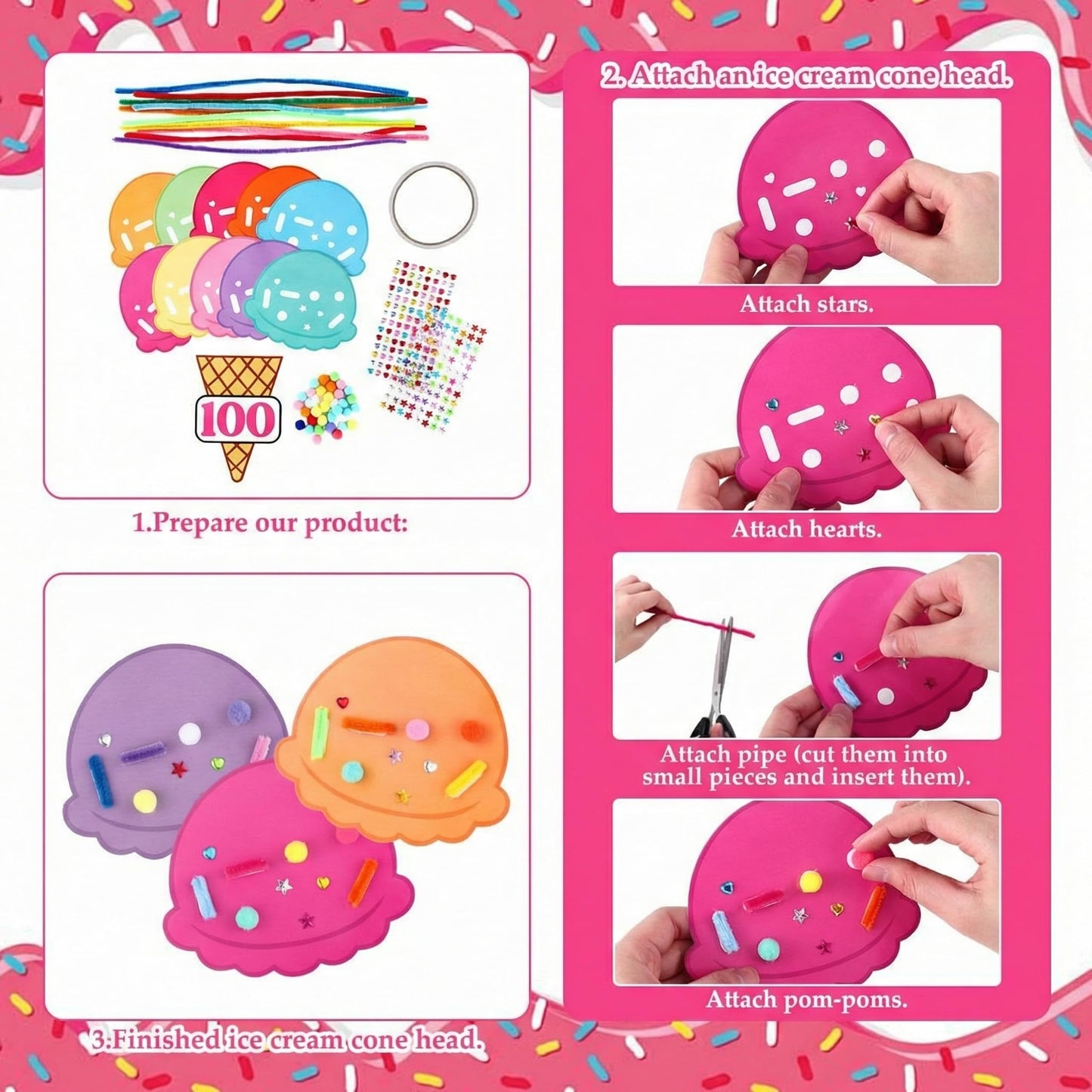 Tinlade 100th Day Ice Cream Craft Kit – 8 Sets with 80 Scoops, 80 Cones, 800 Sprinkles