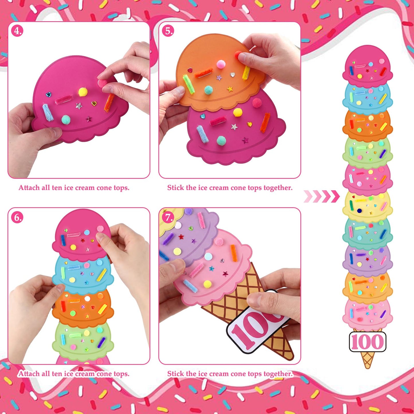 Tinlade 100th Day Ice Cream Craft Kit – 8 Sets with 80 Scoops, 80 Cones, 800 Sprinkles