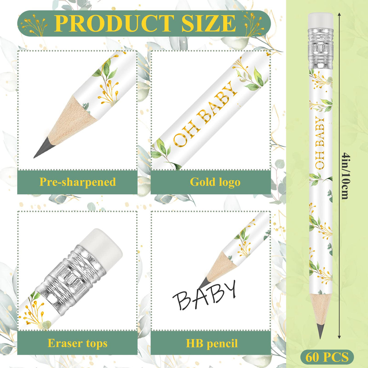 Tinlade 60 Sage Green Baby Shower Golf Pencils with Erasers – Small Sharpened Pencils for School