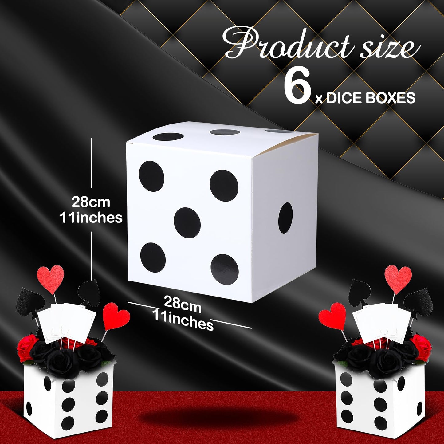 Tinlade 6 Pcs Dice Boxes – 11-Inch Jumbo White Dice for Vegas Casino Theme Party Decor