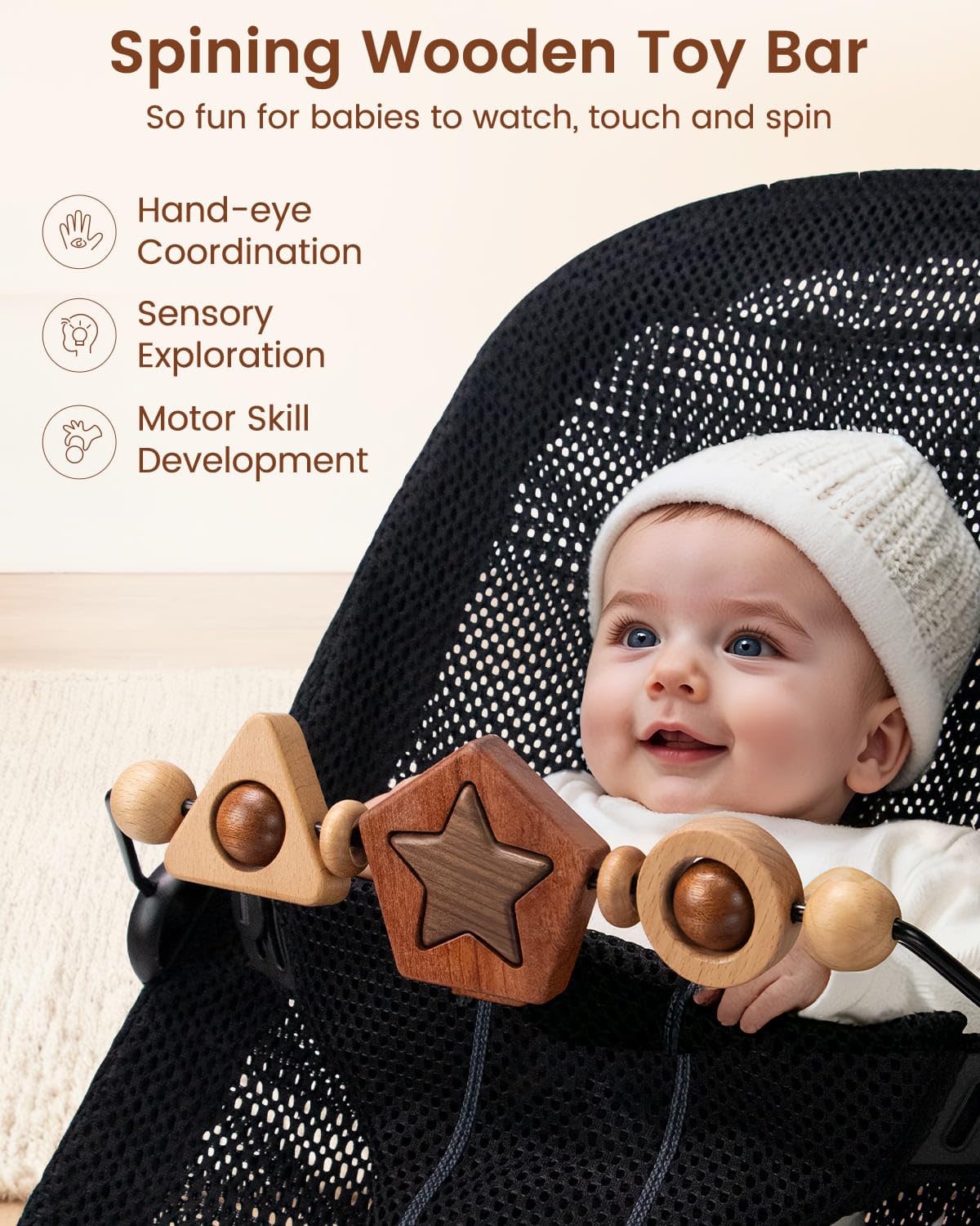 TinlyFinly Baby Bouncer Toy Bar – Wooden Geometric Shapes, Secure Fit for Baby Bjorn