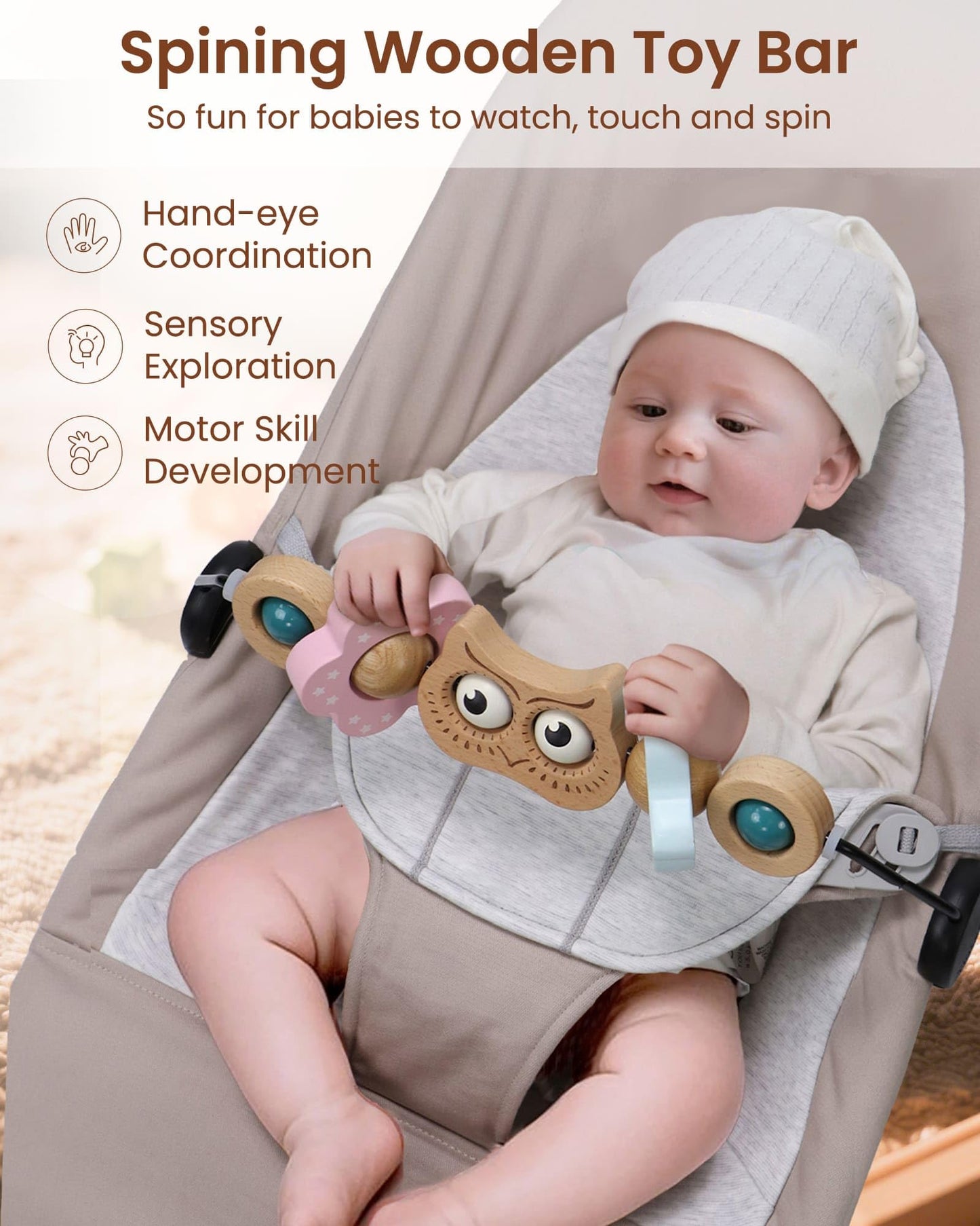 TinlyFinly Beech Wood Baby Bouncer Toy Bar — Secure Fit for Baby Bjorn Bouncers (Owl)