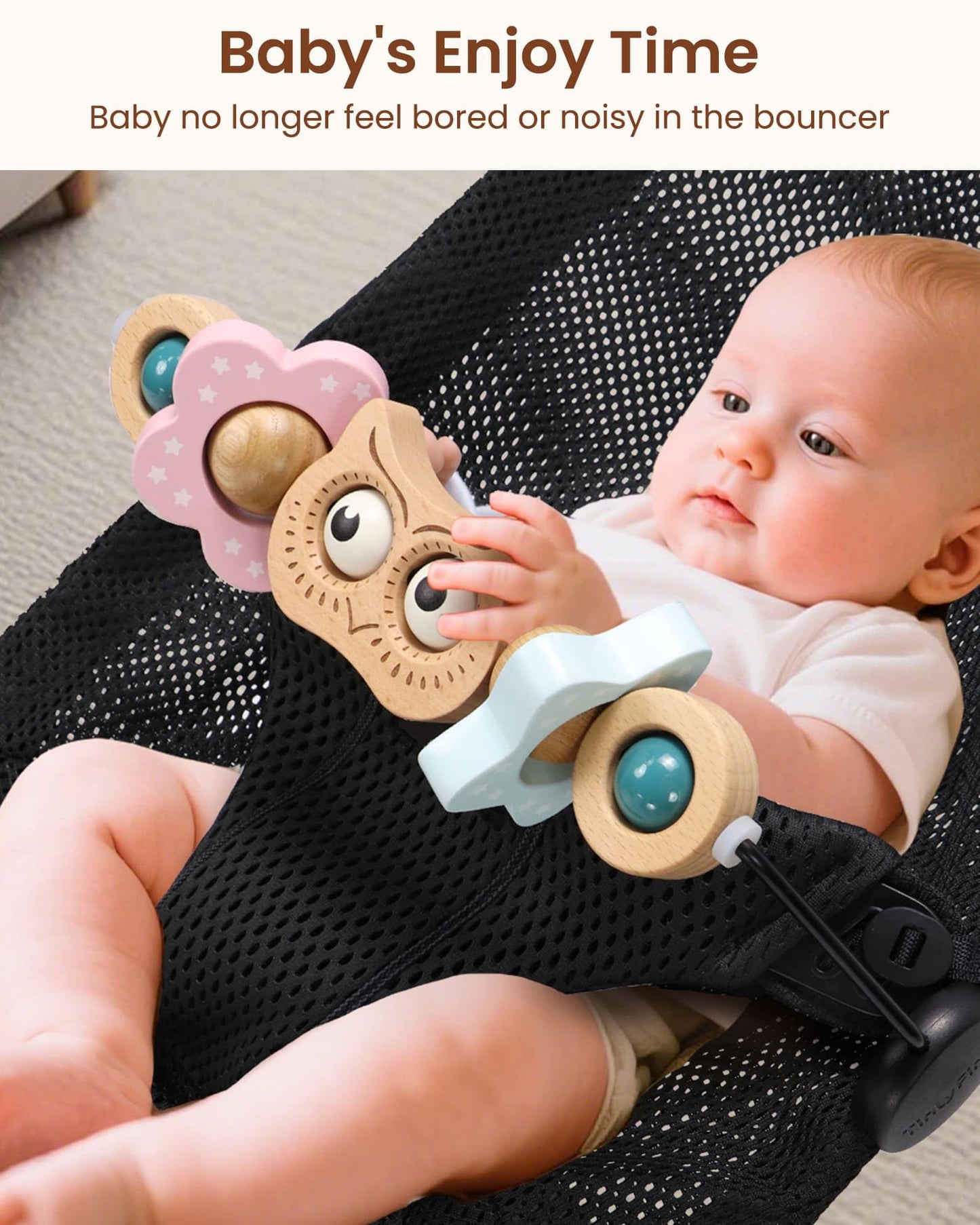 TinlyFinly Beech Wood Baby Bouncer Toy Bar — Secure Fit for Baby Bjorn Bouncers (Owl)
