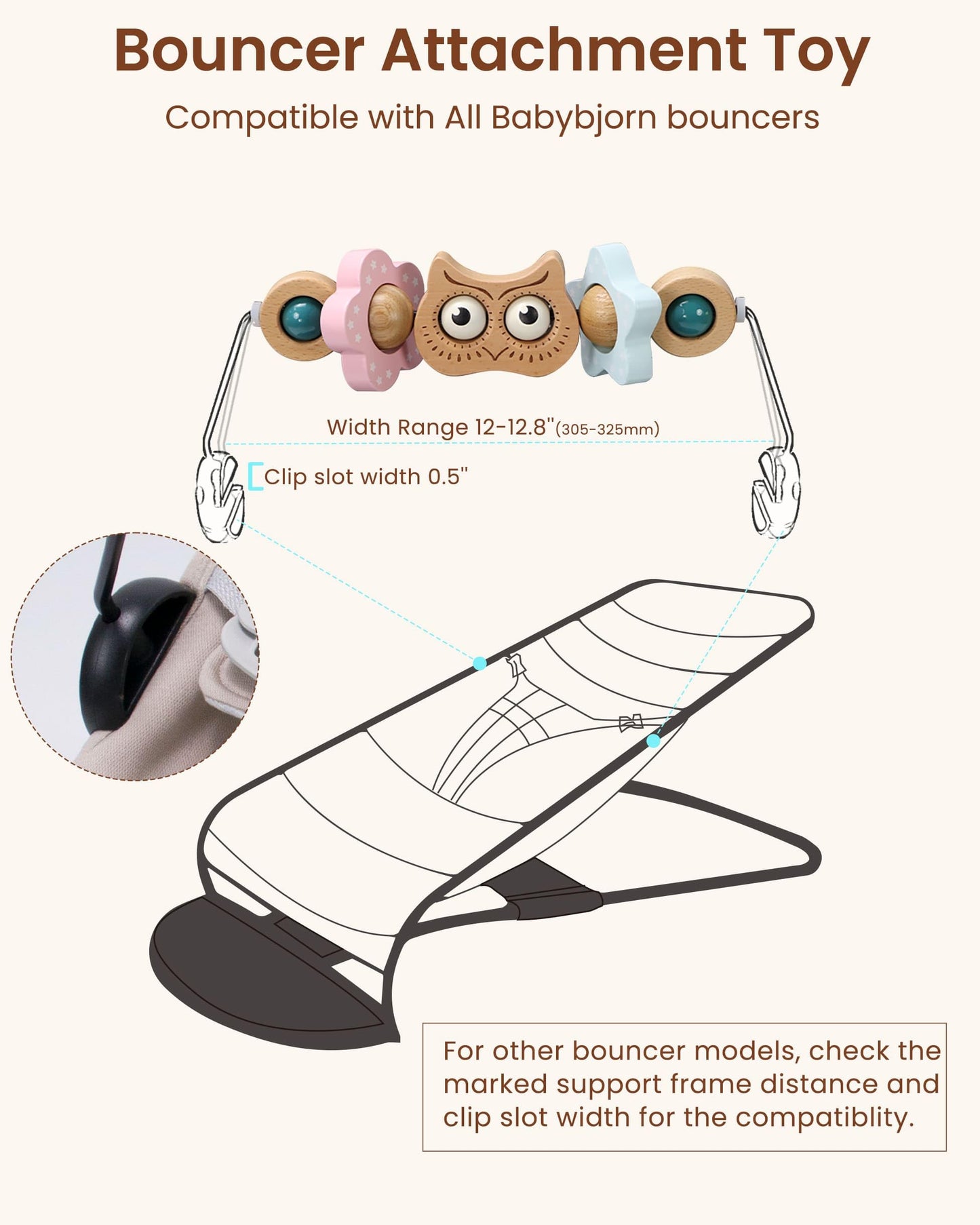 TinlyFinly Beech Wood Baby Bouncer Toy Bar — Secure Fit for Baby Bjorn Bouncers (Owl)
