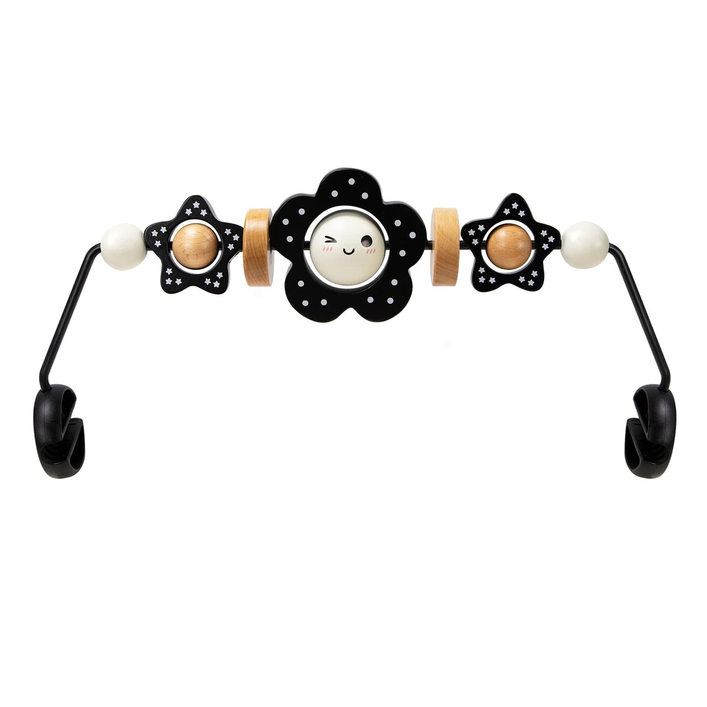 TinlyFinly Baby Bouncer Toy Bar — Beech Wood, Black & White Flower, Secure Baby Bjorn Compatibility
