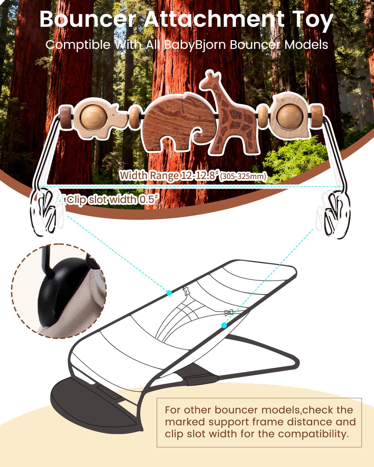 TinlyFinly Baby Bouncer Toy Bar – Wooden Animals, Secure Fit for Baby Bjorn