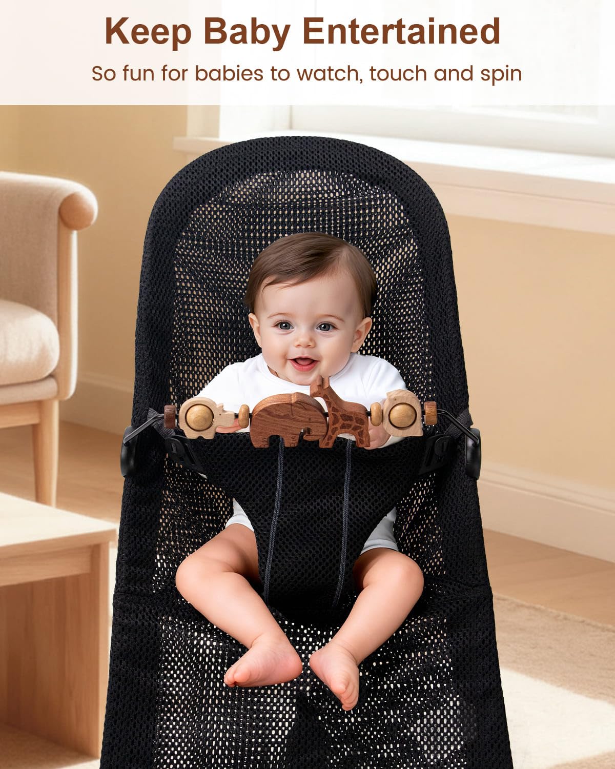 TinlyFinly Baby Bouncer Toy Bar – Wooden Animals, Secure Fit for Baby Bjorn