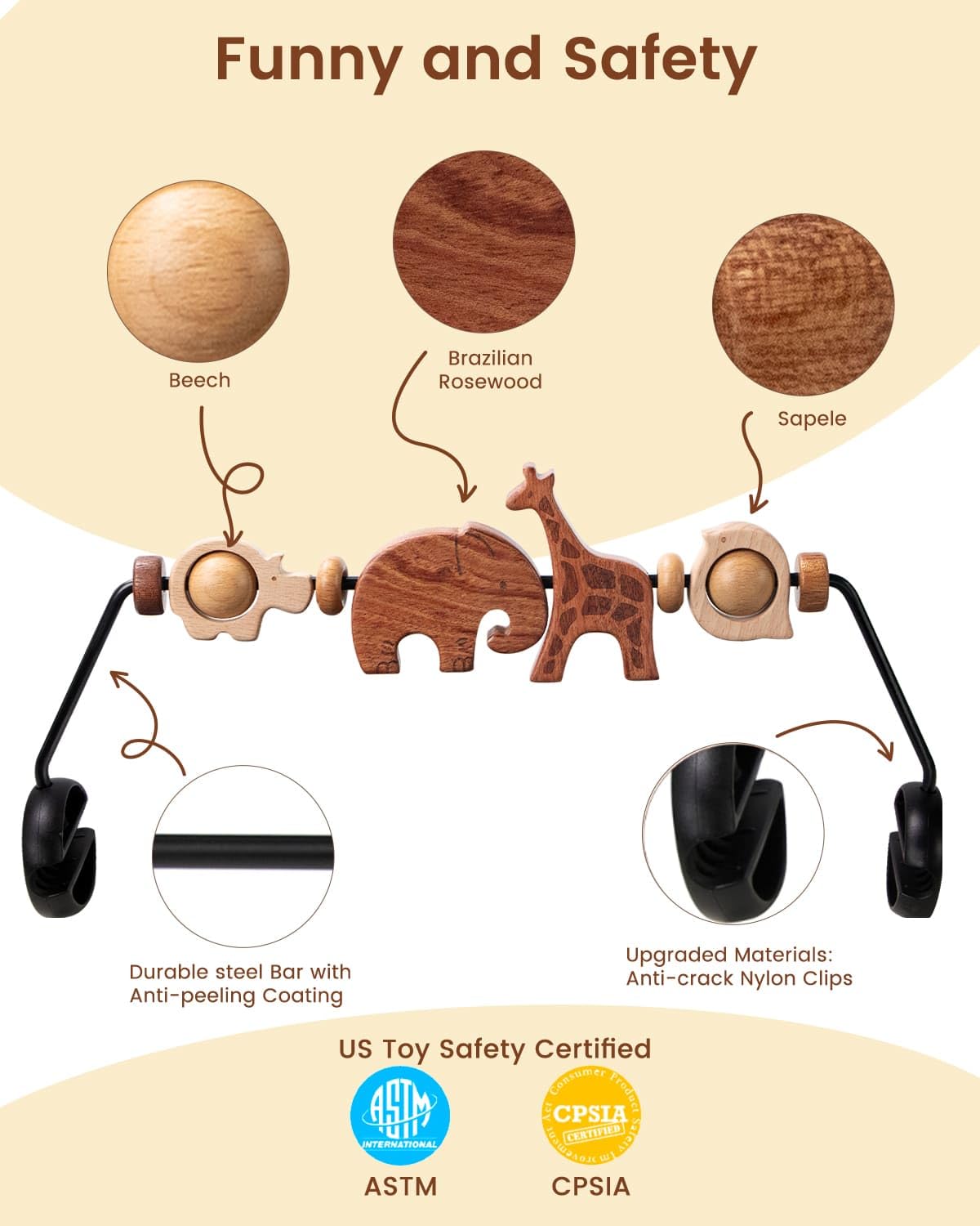 TinlyFinly Baby Bouncer Toy Bar – Wooden Animals, Secure Fit for Baby Bjorn