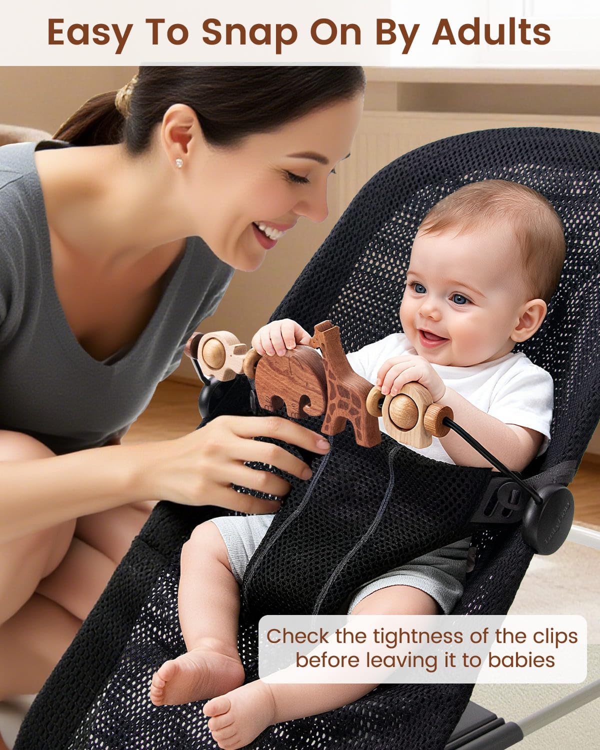 TinlyFinly Baby Bouncer Toy Bar – Wooden Animals, Secure Fit for Baby Bjorn