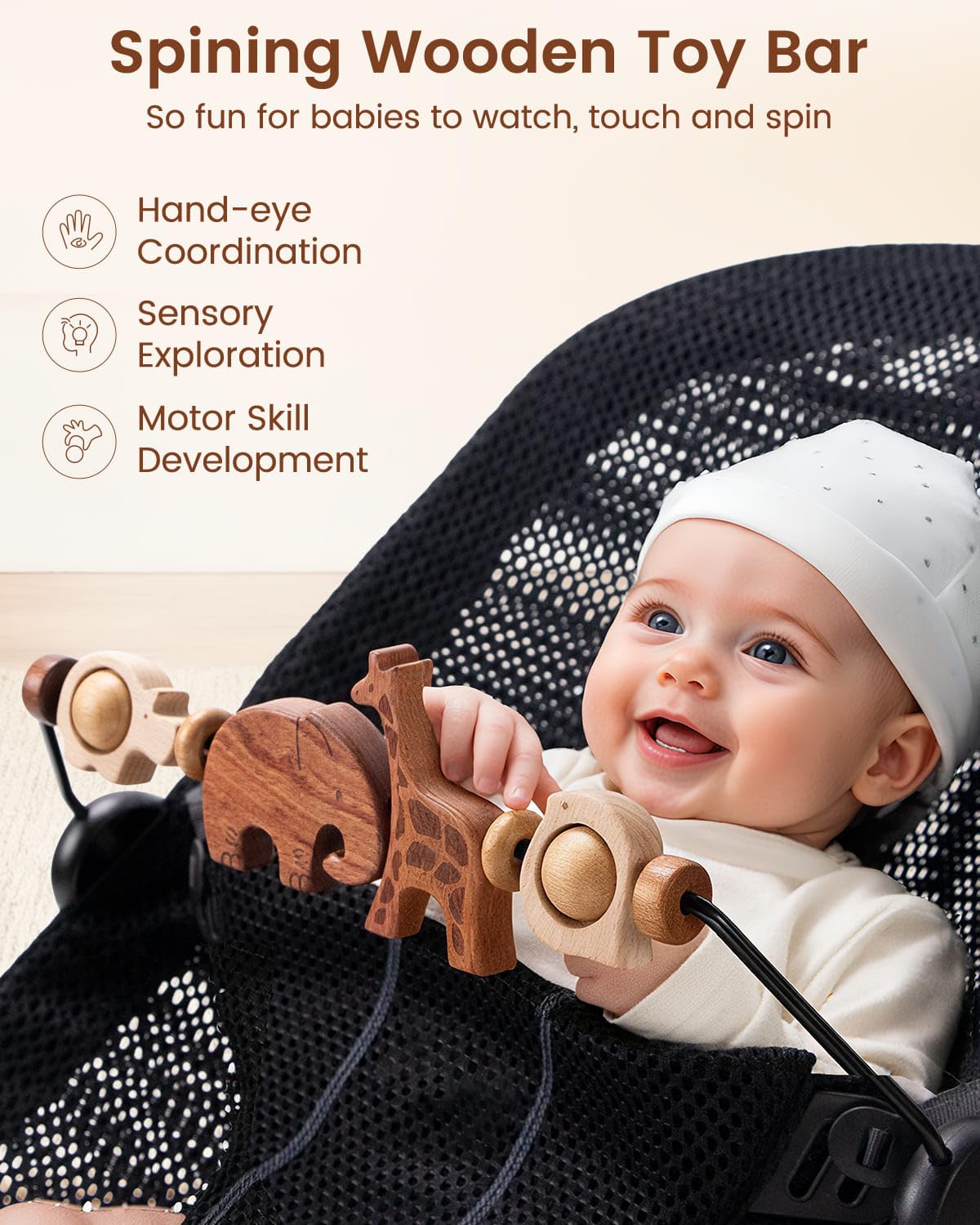 TinlyFinly Baby Bouncer Toy Bar – Wooden Animals, Secure Fit for Baby Bjorn