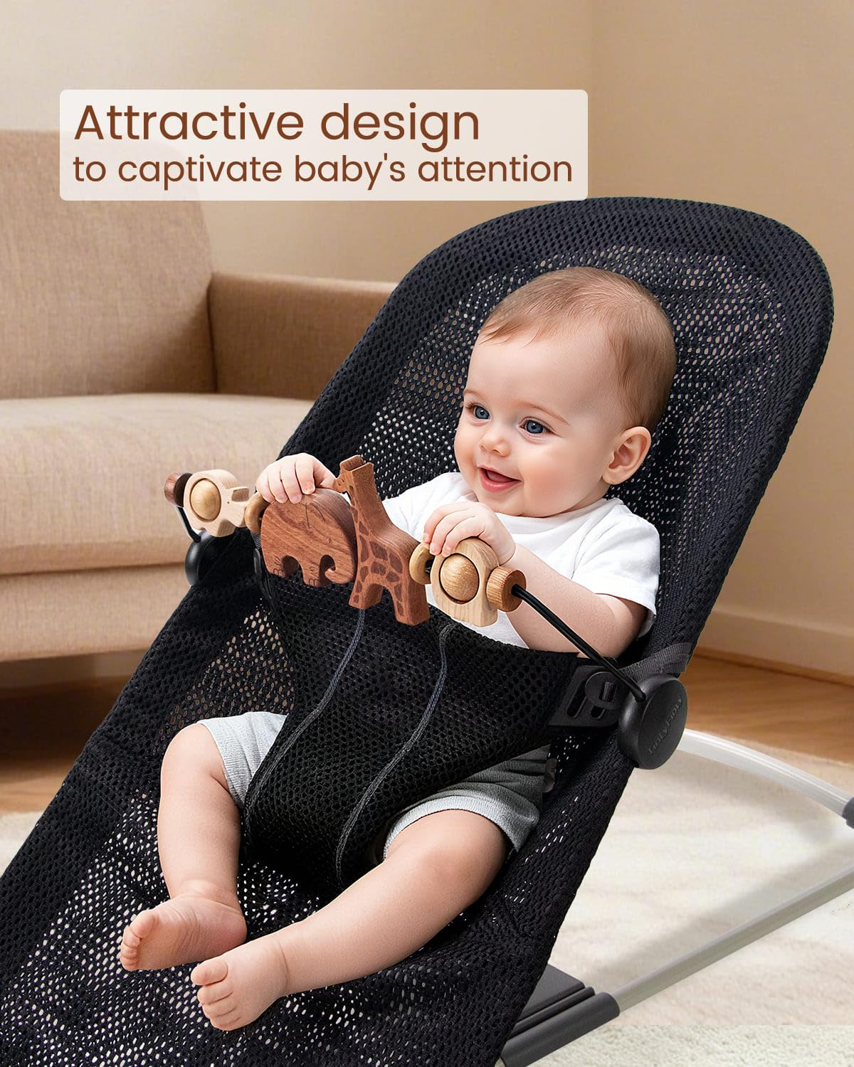 TinlyFinly Baby Bouncer Toy Bar – Wooden Animals, Secure Fit for Baby Bjorn
