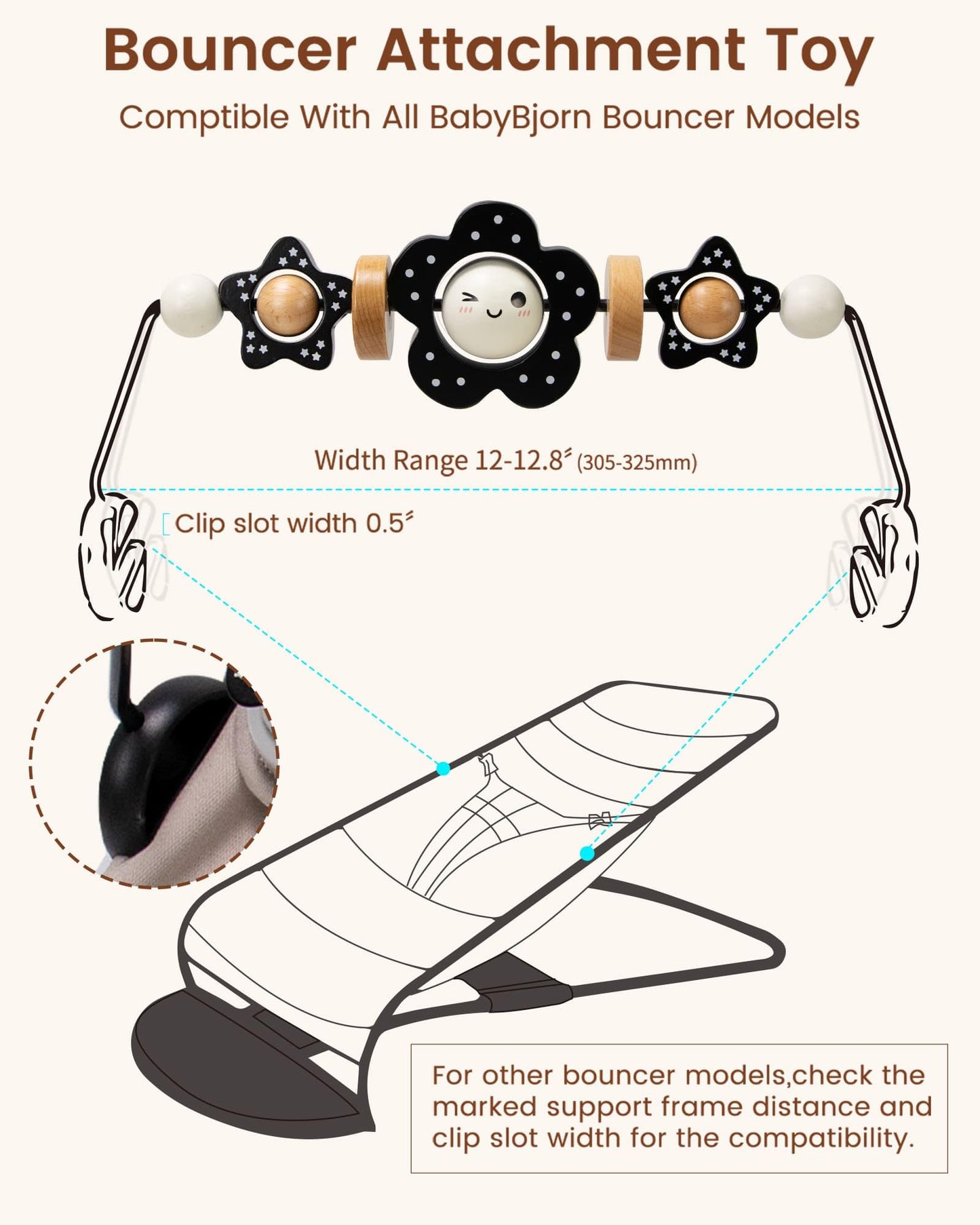 TinlyFinly Baby Bouncer Toy Bar — Beech Wood, Black & White Flower, Secure Baby Bjorn Compatibility