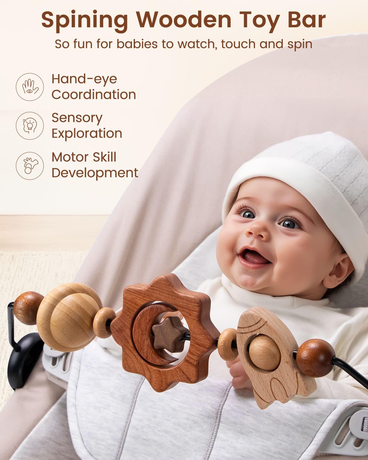 TinlyFinly Baby Bouncer Toy Bar — Wooden, Secure Fit for Baby Bjorn (Space Exploration)