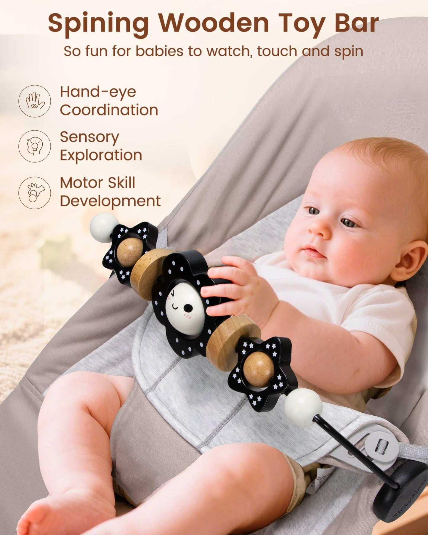 TinlyFinly Baby Bouncer Toy Bar — Beech Wood, Black & White Flower, Secure Baby Bjorn Compatibility