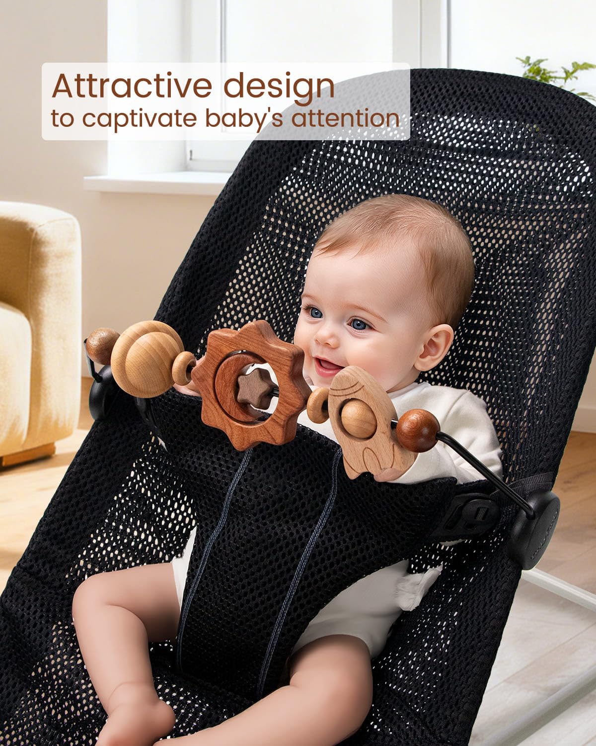 TinlyFinly Baby Bouncer Toy Bar — Wooden, Secure Fit for Baby Bjorn (Space Exploration)