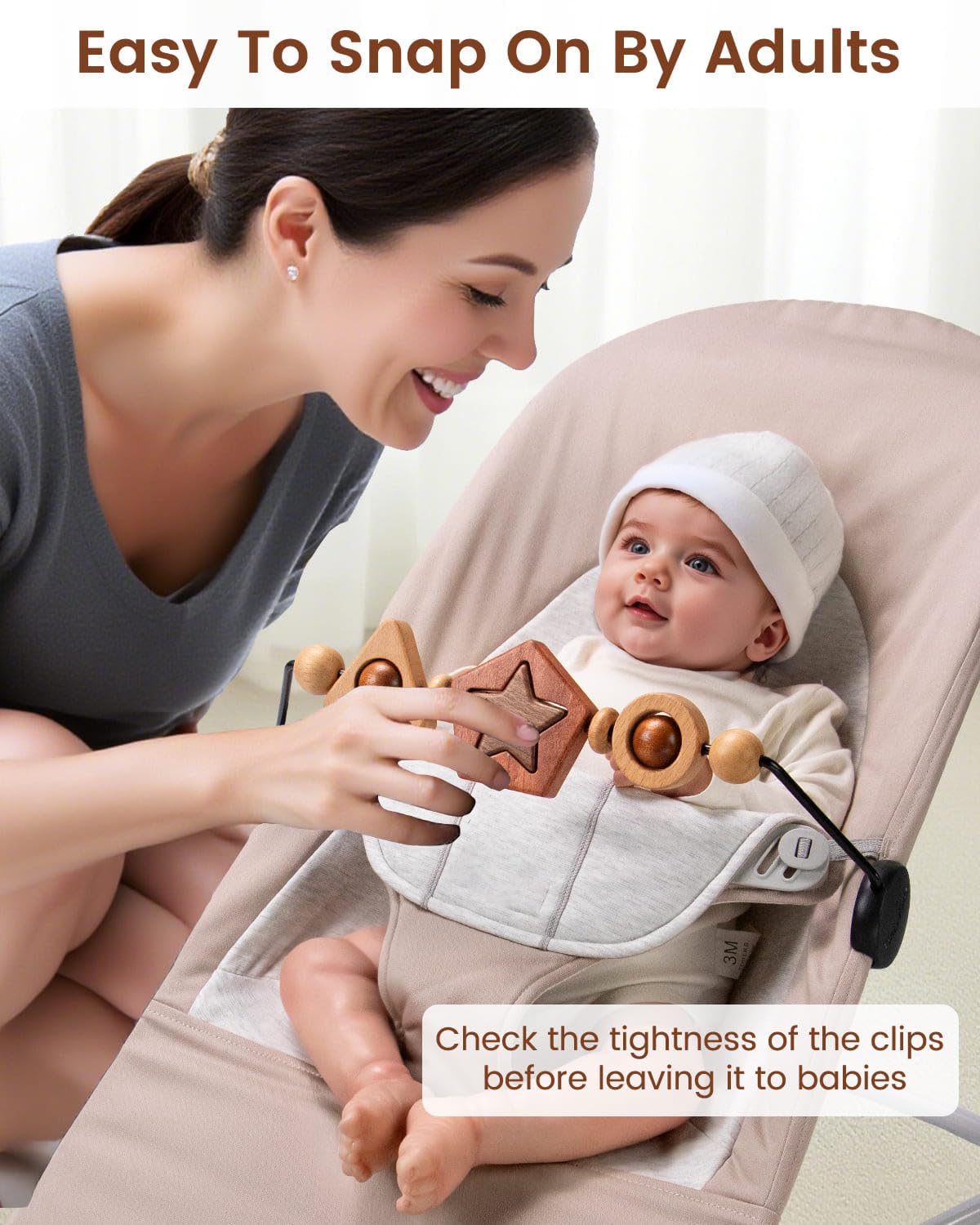 TinlyFinly Baby Bouncer Toy Bar – Wooden Geometric Shapes, Secure Fit for Baby Bjorn