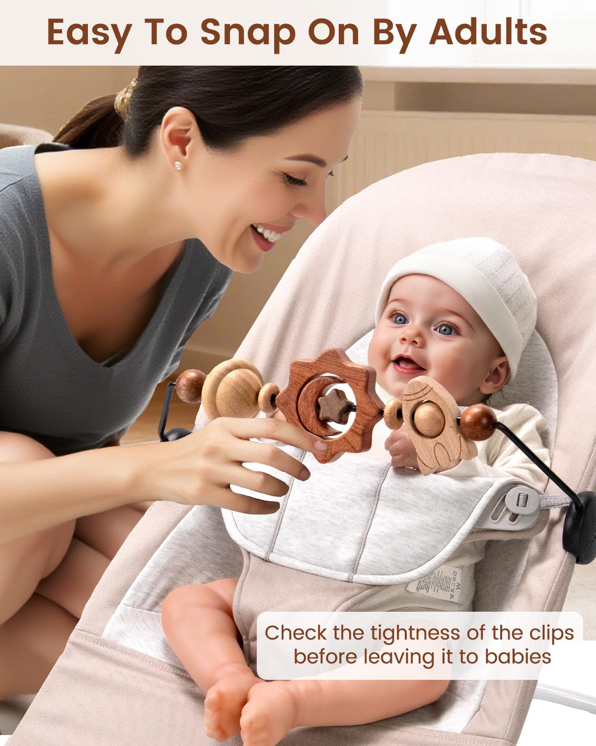 TinlyFinly Baby Bouncer Toy Bar — Wooden, Secure Fit for Baby Bjorn (Space Exploration)