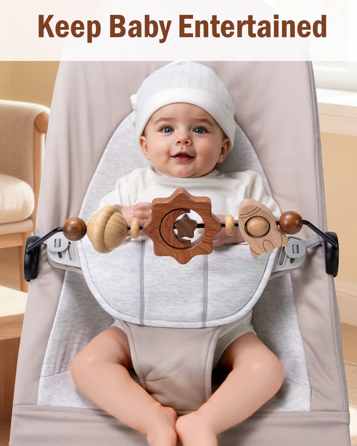 TinlyFinly Baby Bouncer Toy Bar — Wooden, Secure Fit for Baby Bjorn (Space Exploration)