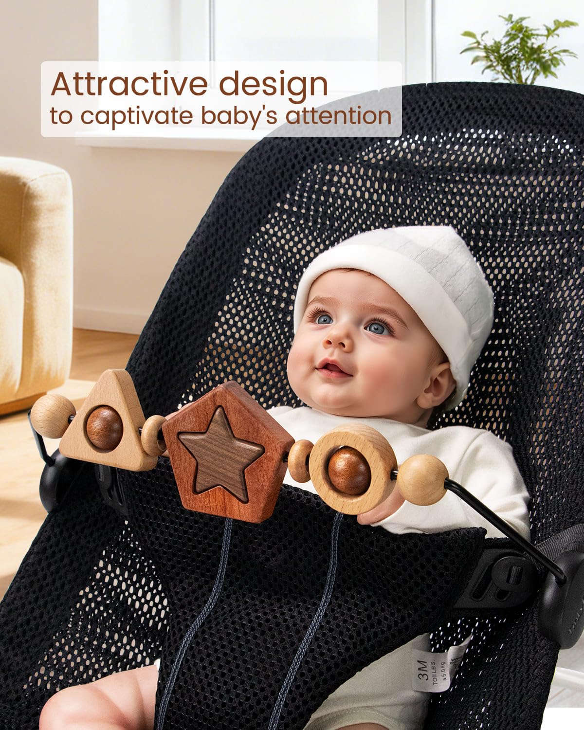 TinlyFinly Baby Bouncer Toy Bar – Wooden Geometric Shapes, Secure Fit for Baby Bjorn