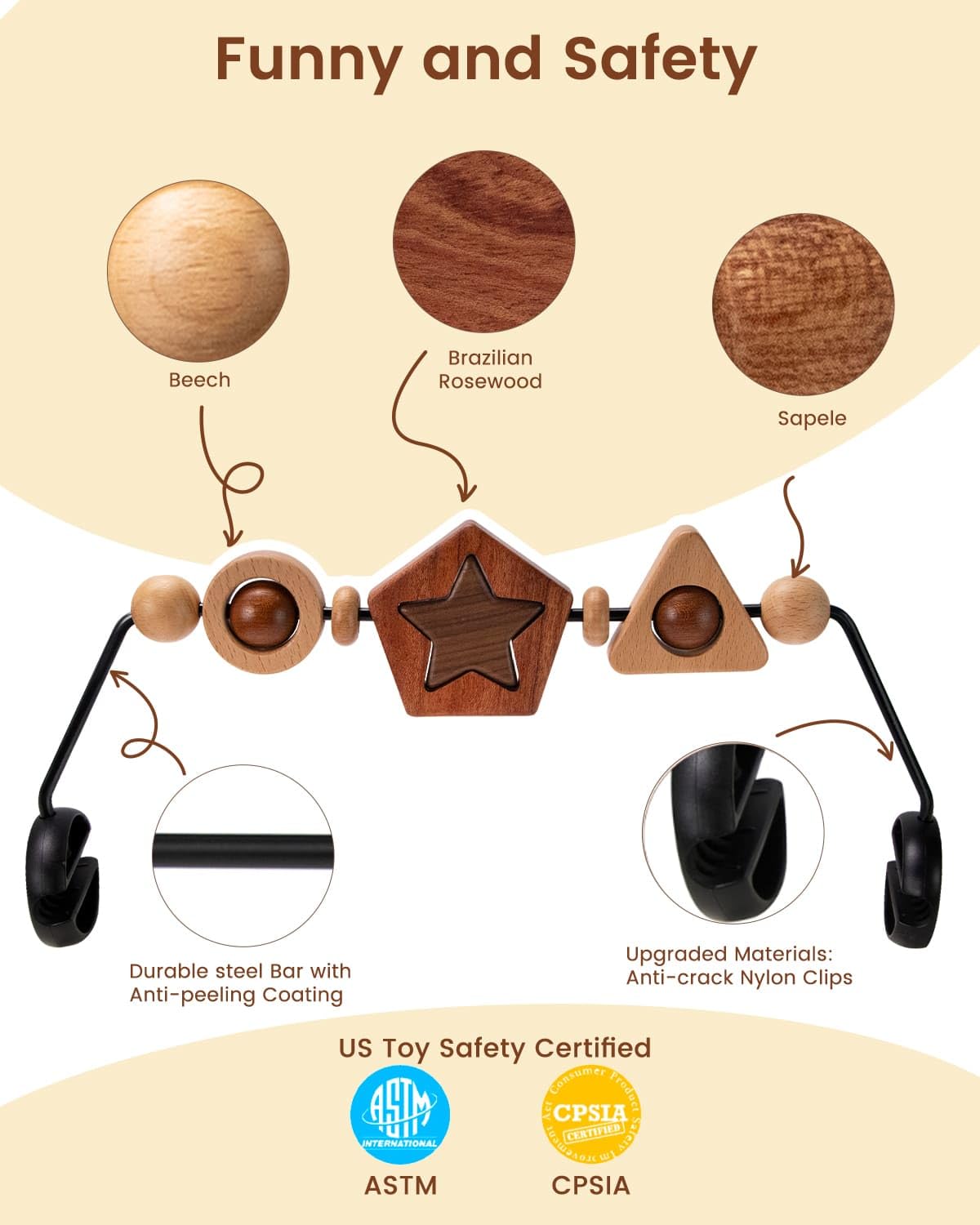 TinlyFinly Baby Bouncer Toy Bar – Wooden Geometric Shapes, Secure Fit for Baby Bjorn
