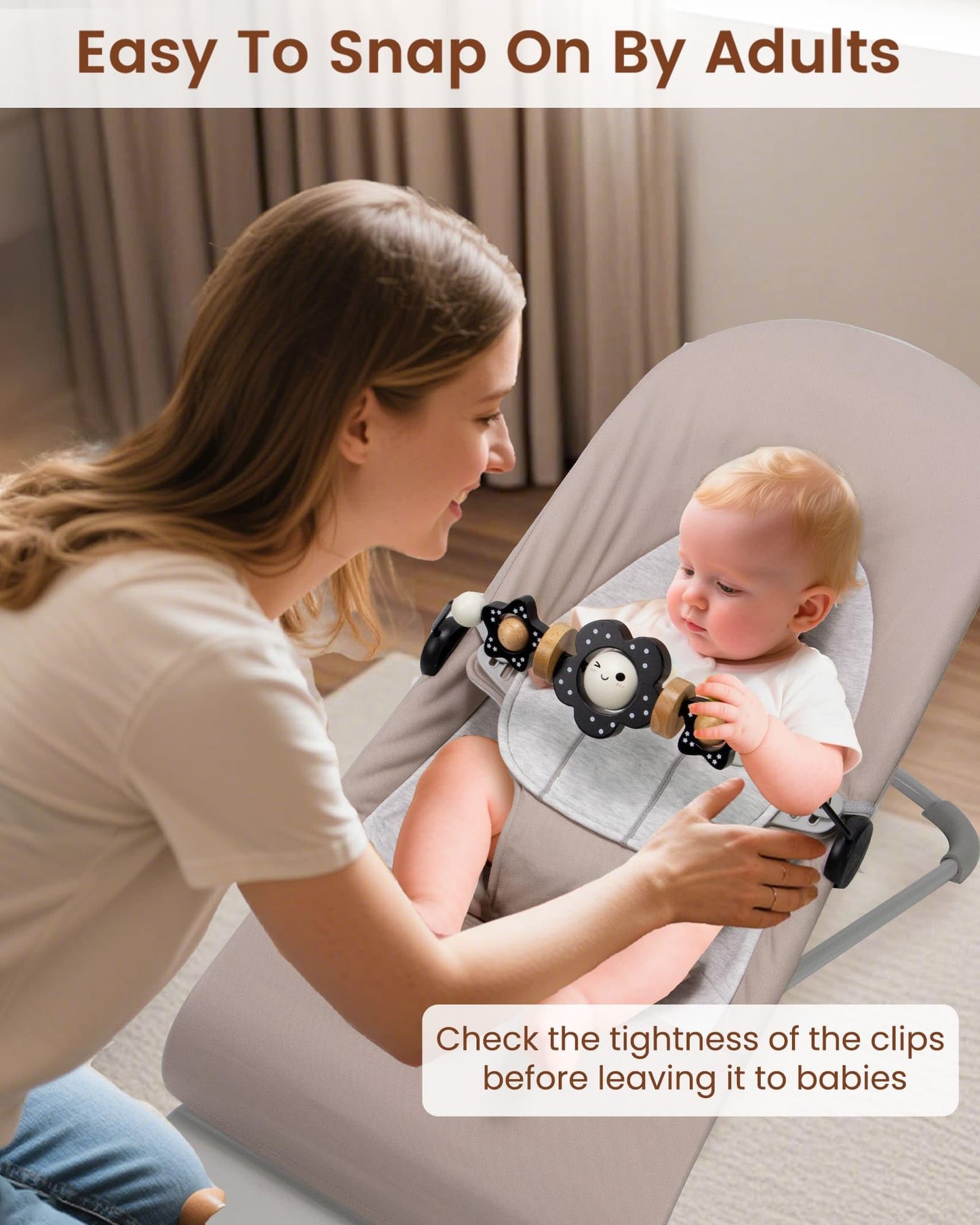 TinlyFinly Baby Bouncer Toy Bar — Beech Wood, Black & White Flower, Secure Baby Bjorn Compatibility