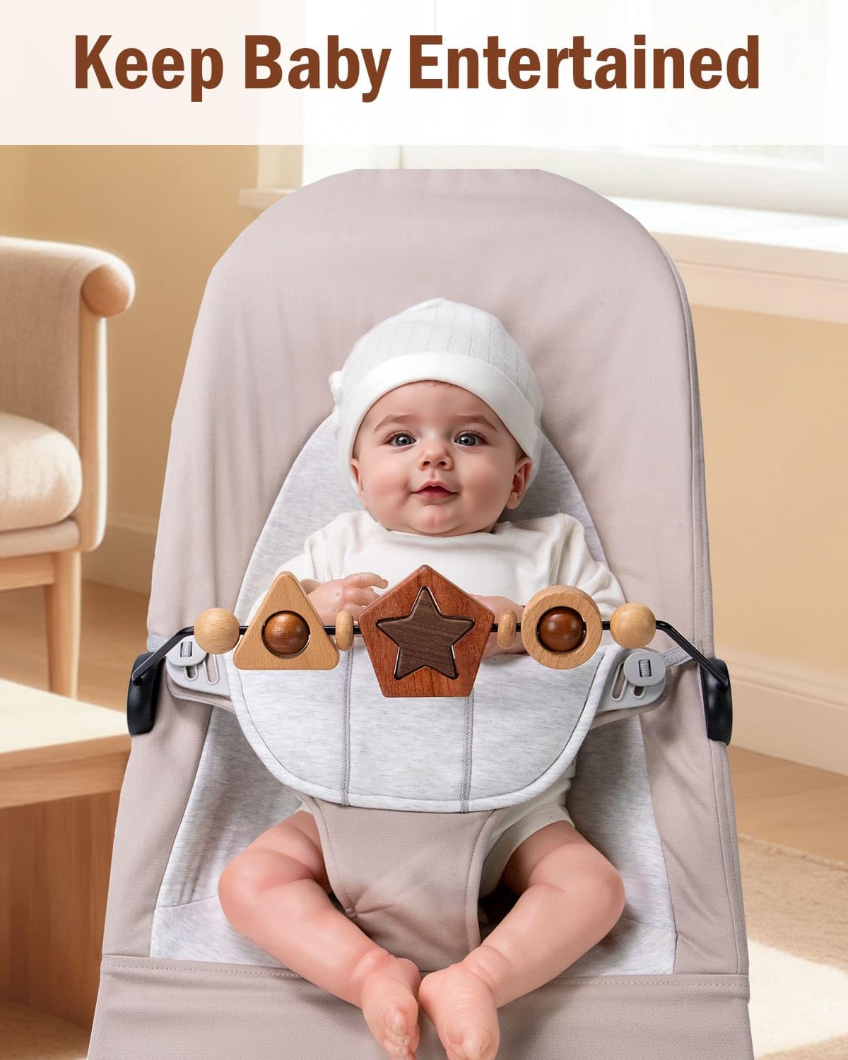 TinlyFinly Baby Bouncer Toy Bar – Wooden Geometric Shapes, Secure Fit for Baby Bjorn
