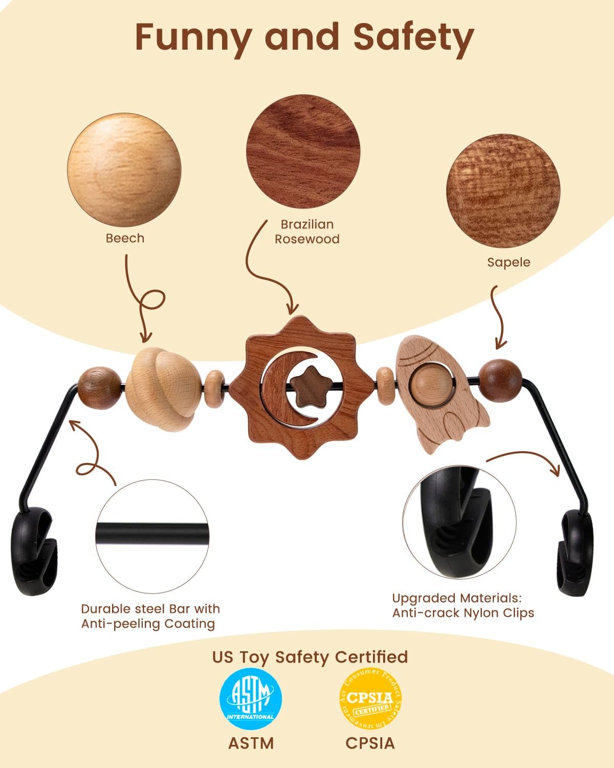 TinlyFinly Baby Bouncer Toy Bar — Wooden, Secure Fit for Baby Bjorn (Space Exploration)