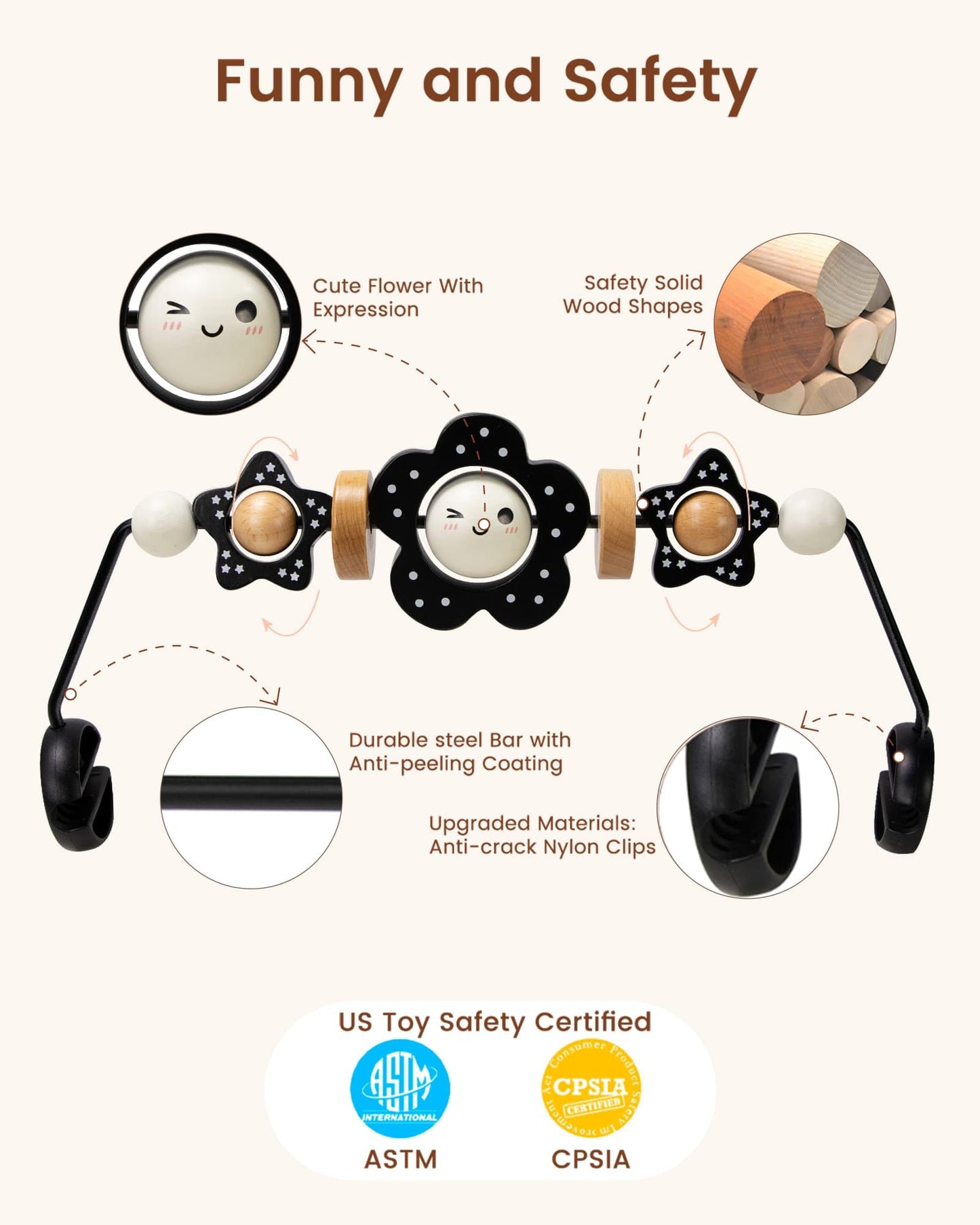 TinlyFinly Baby Bouncer Toy Bar — Beech Wood, Black & White Flower, Secure Baby Bjorn Compatibility