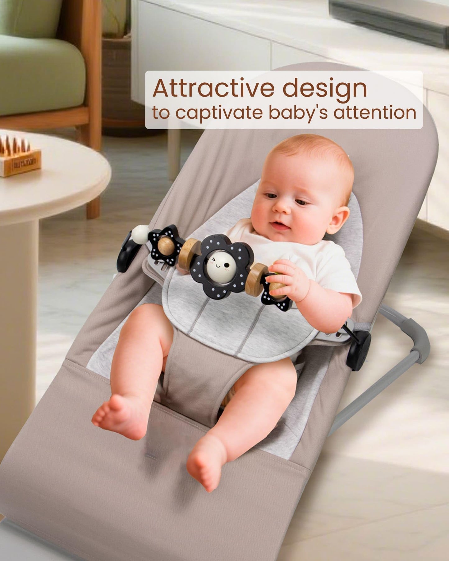 TinlyFinly Baby Bouncer Toy Bar — Beech Wood, Black & White Flower, Secure Baby Bjorn Compatibility