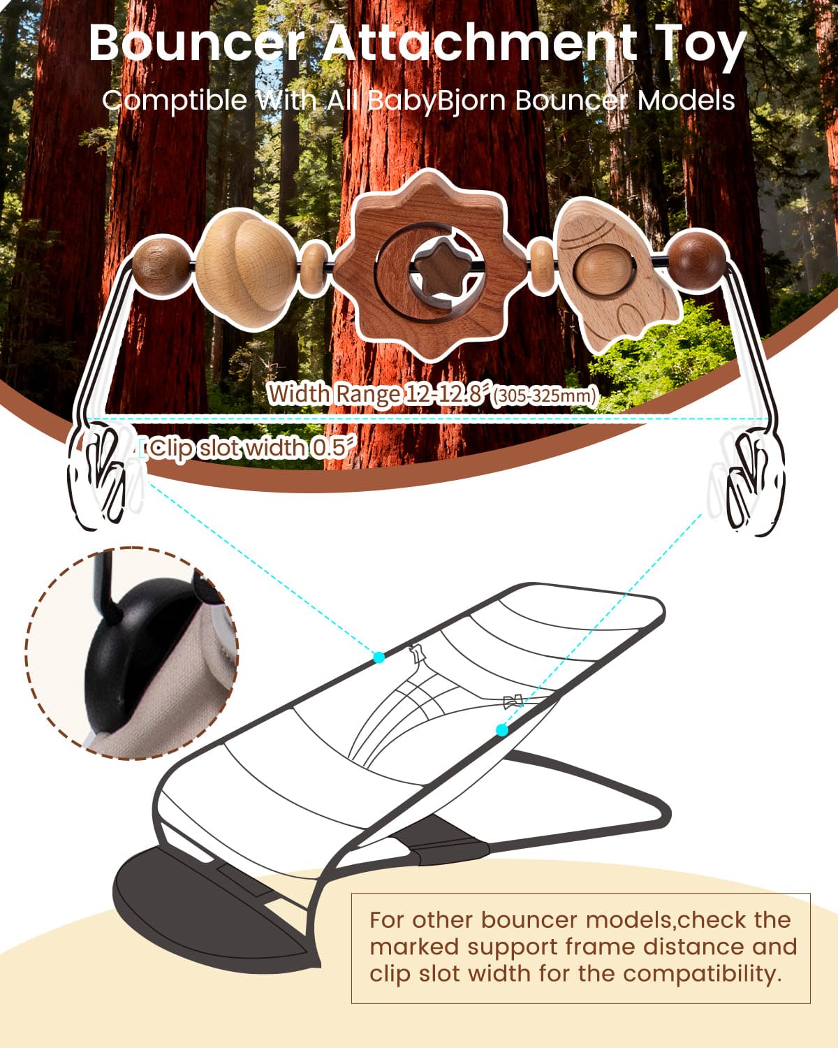 TinlyFinly Baby Bouncer Toy Bar — Wooden, Secure Fit for Baby Bjorn (Space Exploration)