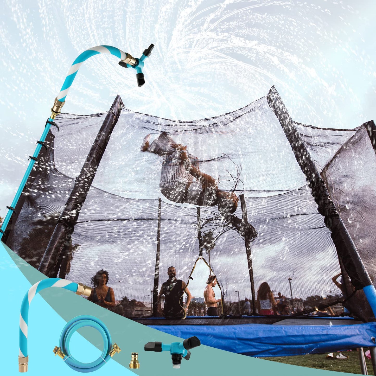 TINPOO Trampoline Sprinkler — 360° Water Sprinkler for Kids, Quick 5-Minute Setup, Fits 10–16 ft Trampolines, Blue