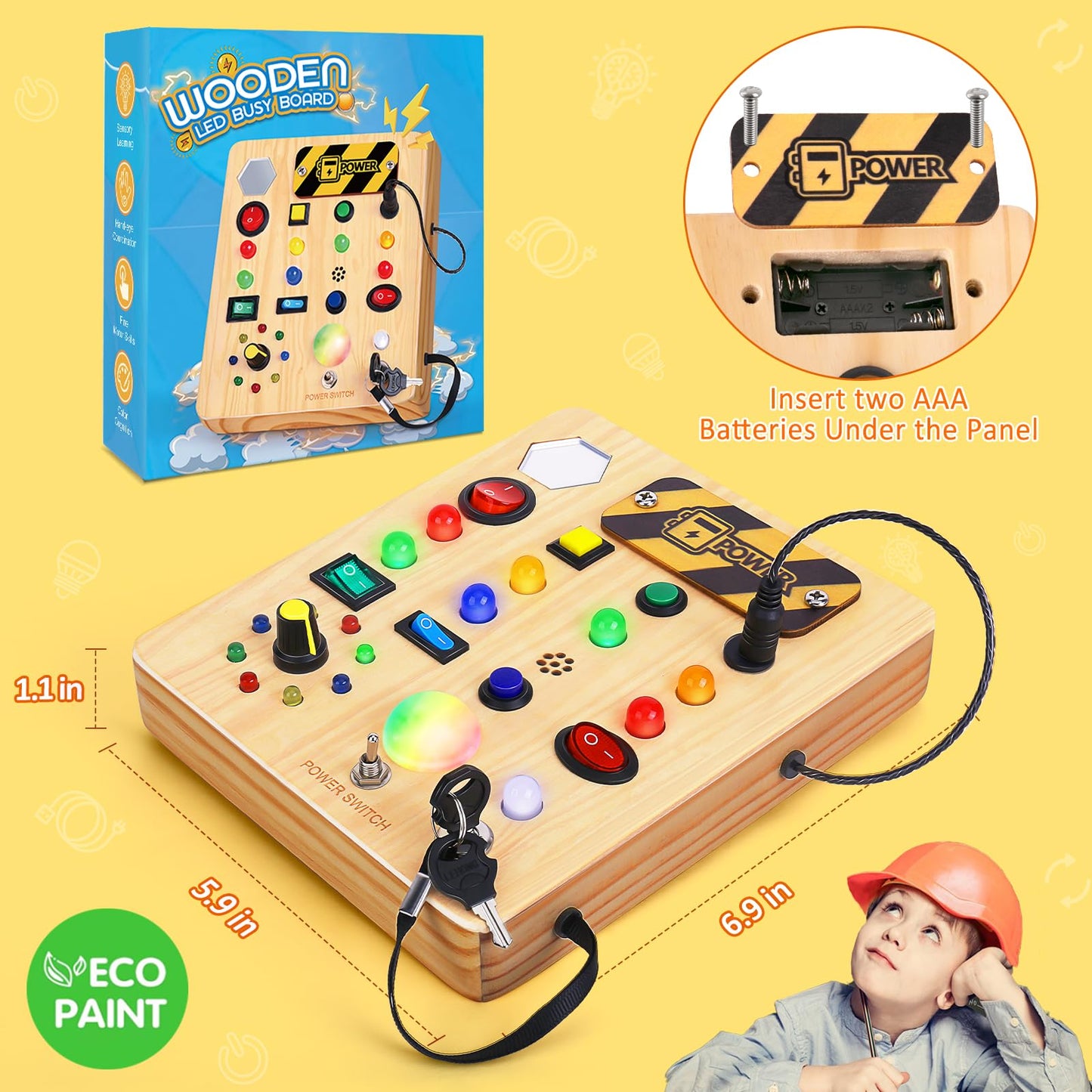 TINTECUSA Busy Board with LED Light – Wooden Sensory Toy for Toddlers